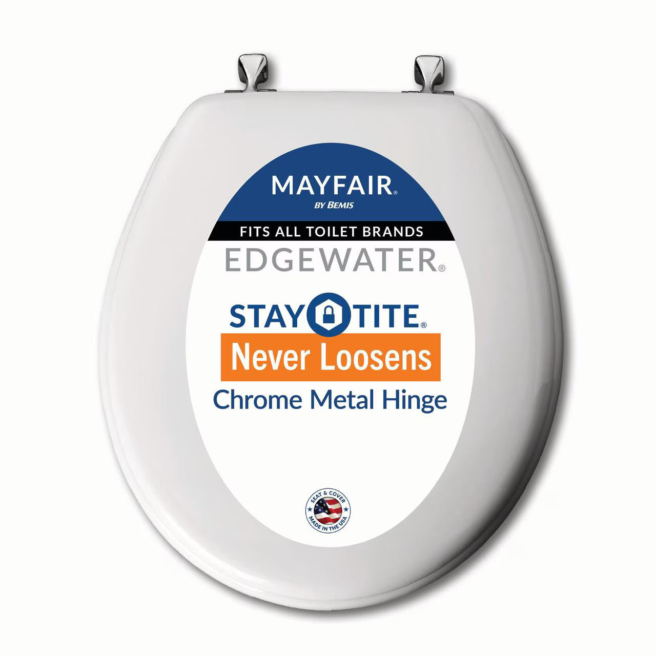 Mayfair Edgewater® Round Enameled Wood Toilet Seat in White Never Loosens Chrome Metal Hinge