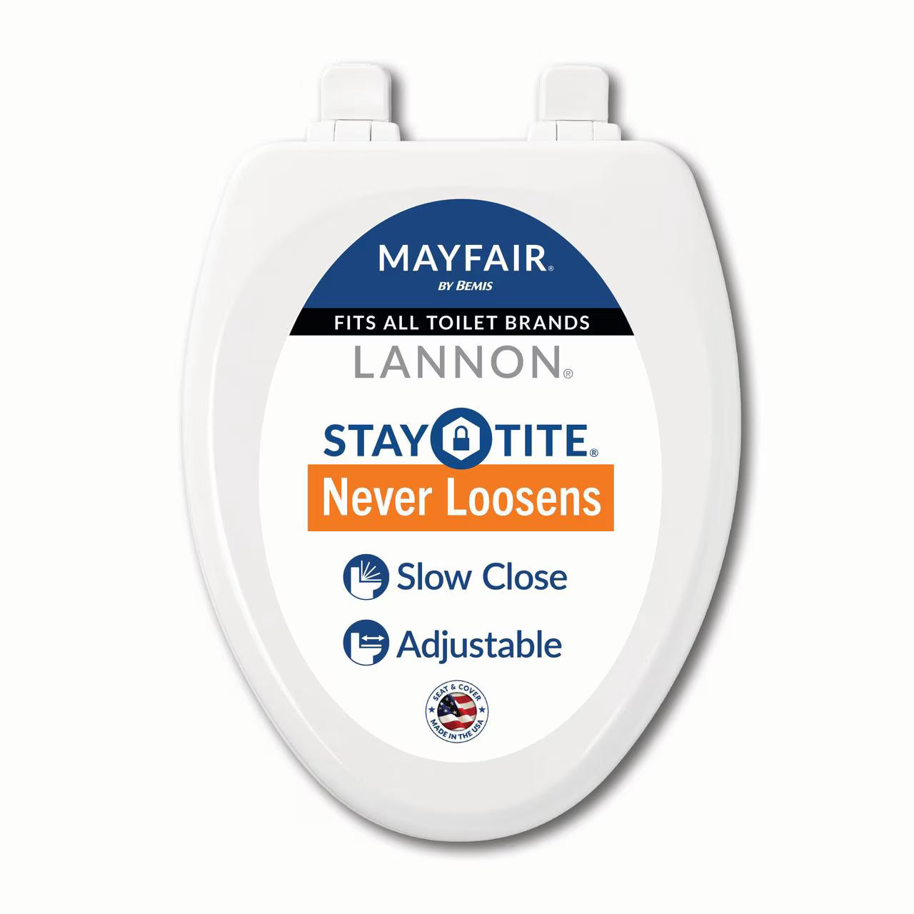 Mayfair Lannon® Slow Close Elongated Enameled Wood Toilet Seat in White Adjustable and Never Looosens