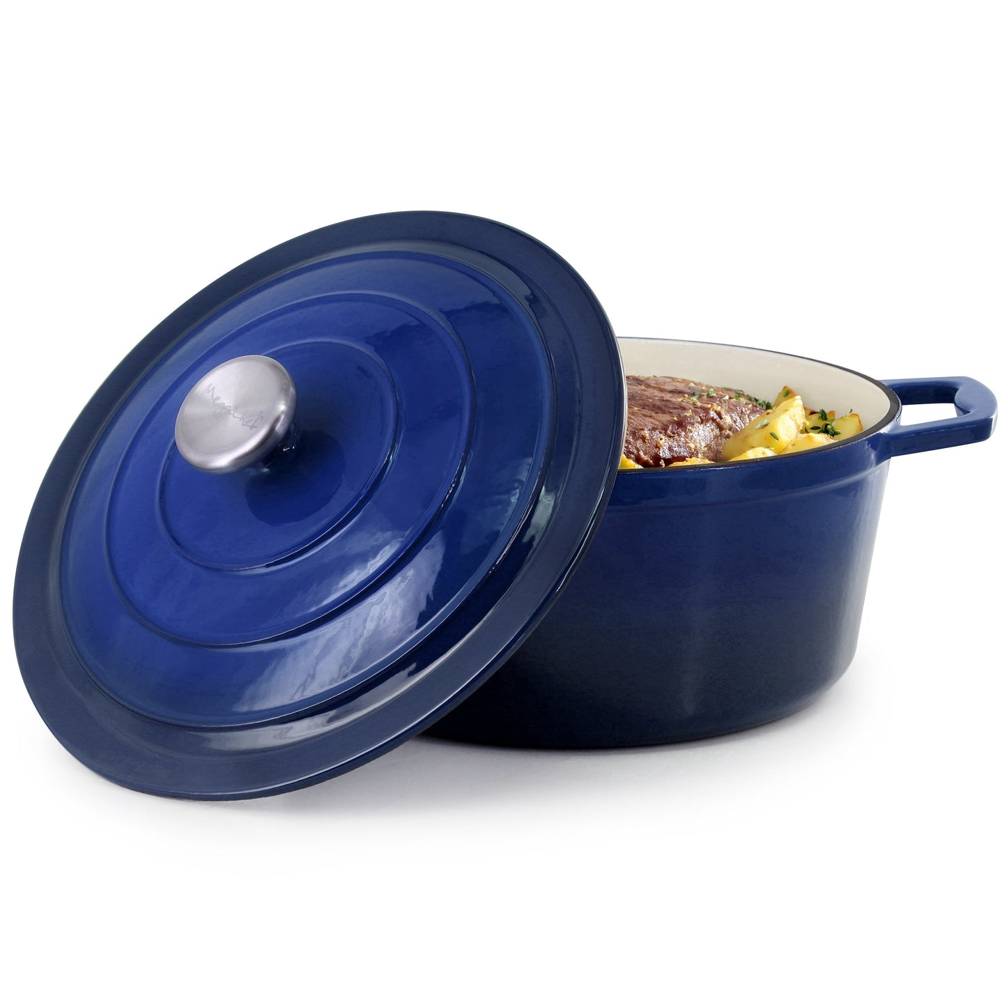 MegaChef 5 Quarts Round Enameled Cast Iron Casserole with Lid in Gradient Dark Blue