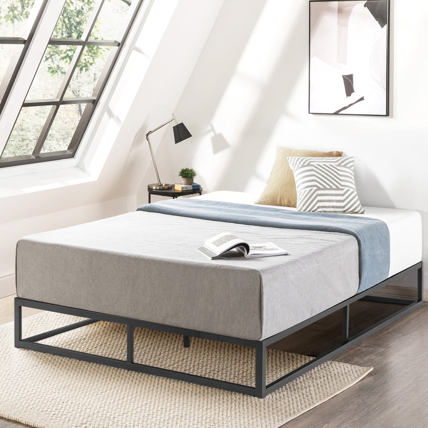 Mellow Modernista 10" Metal Platform Bed with Wooden Slats, Black, Queen