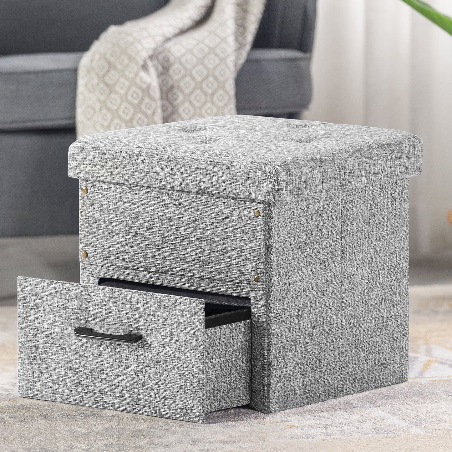 Mellow Stockbox 15" Ottoman with Storage Drawer, Light Grey