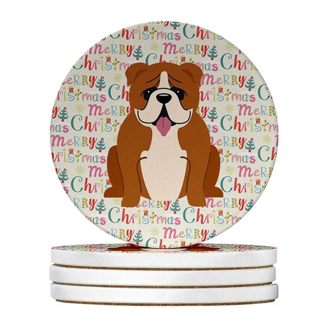 Merry Christmas English Bulldog Red White Large Sandstone Coasters Pack of 4 4 in x 4 in