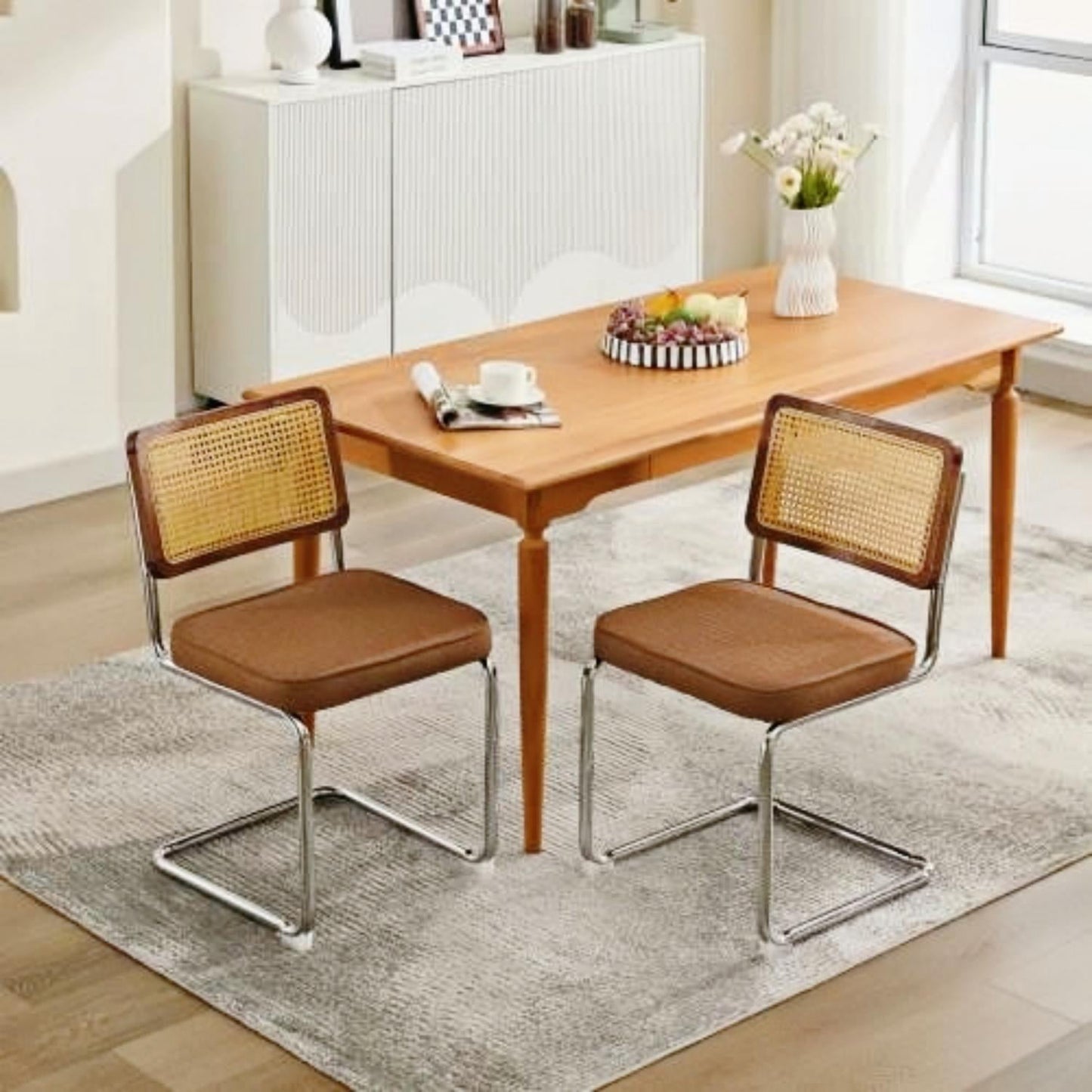 Mid Century Modern Dining Chairs Set of 2, Linen Cantilever Chairs with Woven Rattan Back & Chrome Base, Flexible 360 lbs Capacity, Black