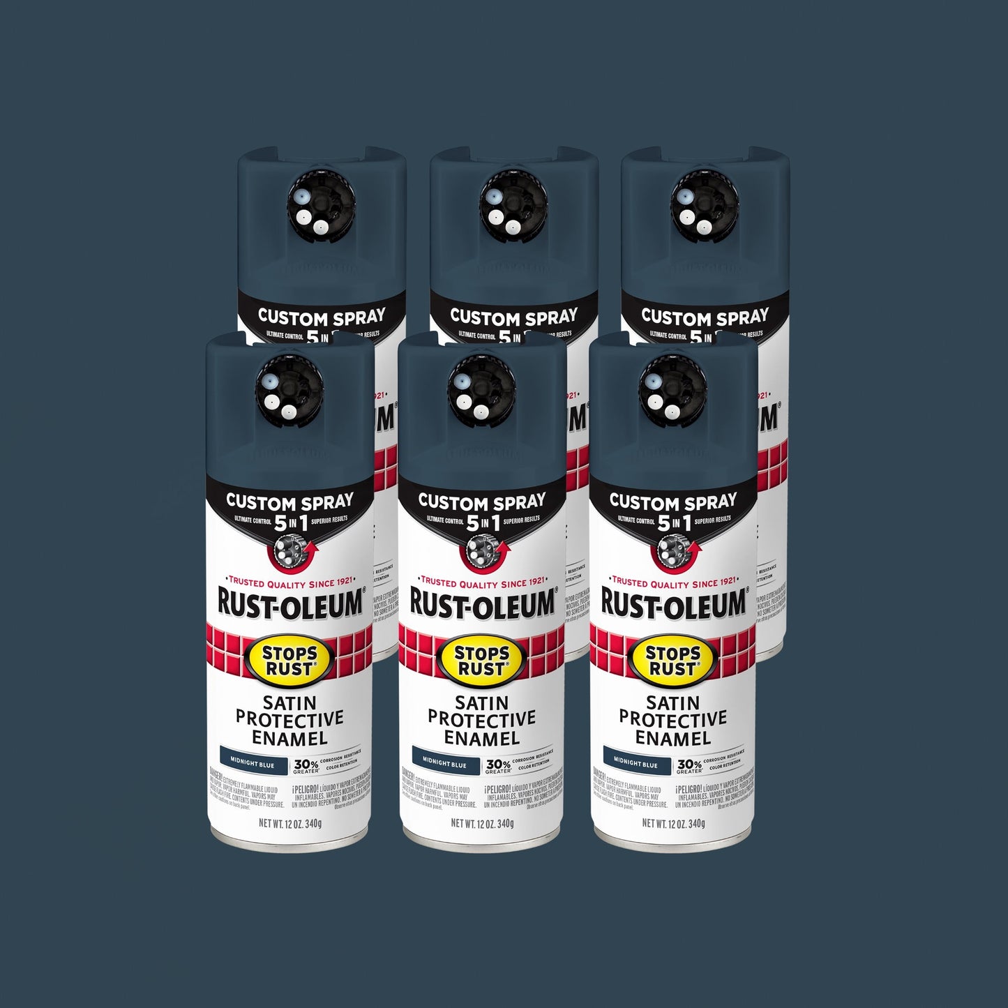 Paquete de 6, Azul Medianoche, Rust-Oleum Detiene el Óxido Aerosol Personalizado 5 en 1 Pintura en Aerosol Satinada-383422, 12 oz