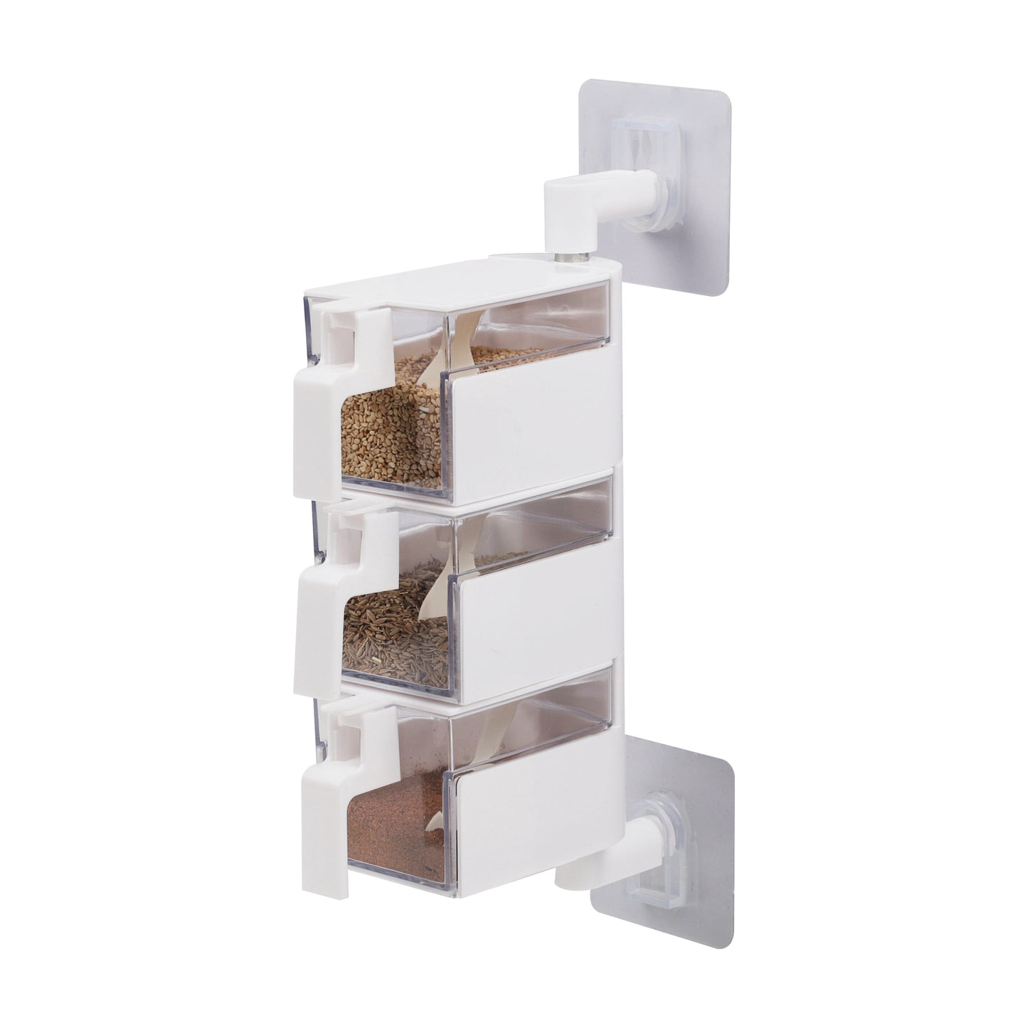 Mind Reader Wall Mounted Three Compartment Rotating Spice Rack Jars with Individual Spoons, White