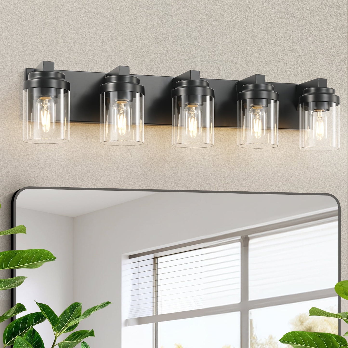 Miniyam 5 Light Bathroom Vanity Light, Matte Black Light Fixtures with Clear Glass Shade Over Mirror for Bedroom Living Room (E26,Bulb Not Included)