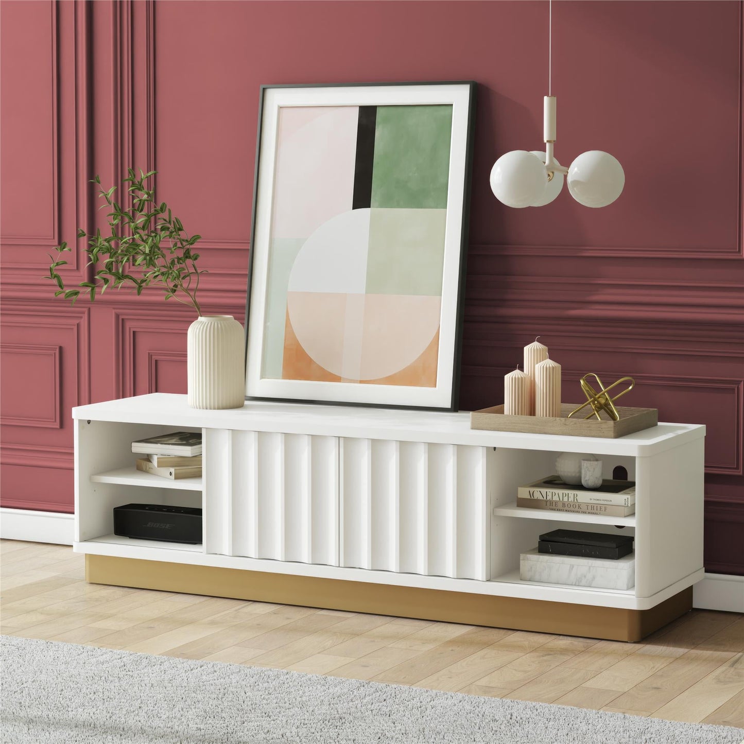 Mintazer 65" TV Stand with Brassy Gold Base & Scalloped Sliding Doors, Modern Media Console for Living Rooms Apartment, White