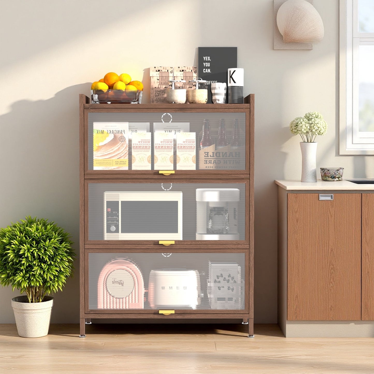 Mintazer Metal Pantry Cabinet, Storage Cabinet with 3 Flip Doors for Kitchen, Living Room, Dining Room, Office, Brown