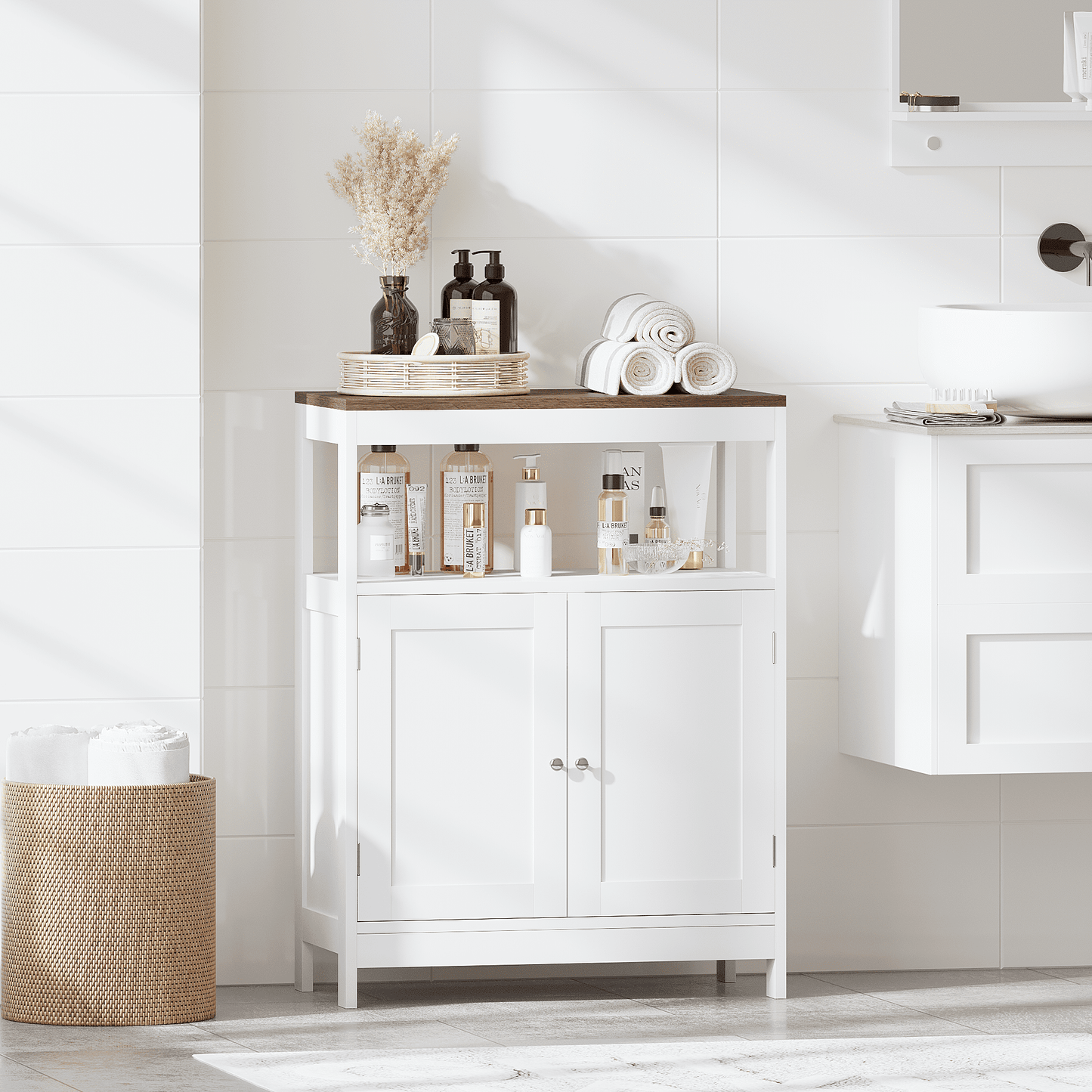 Mintazer Modern Storage Cabinet with 2 Door, Bathroom Cabinet with Open Shelf & Wood Top, Freestanding Floor Cabinet for Bathroom & Kitchen, White