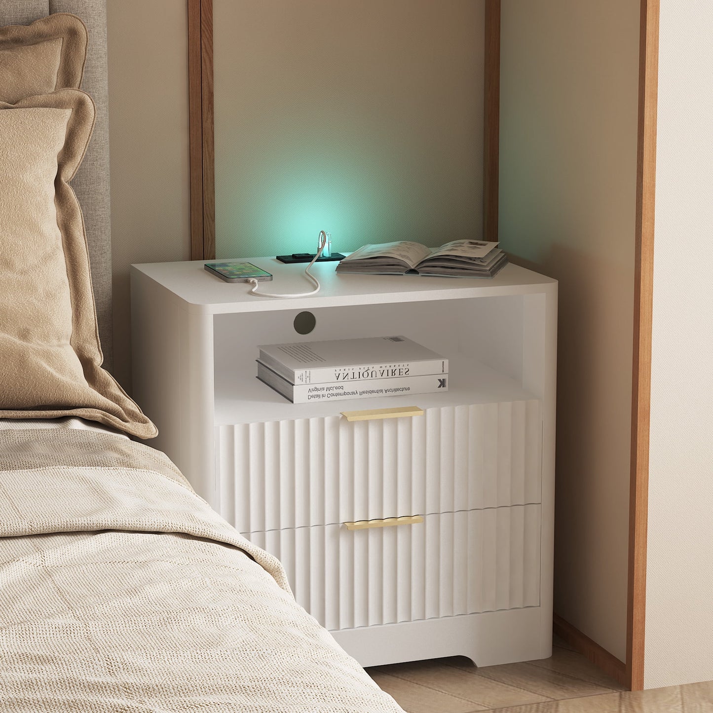 Mintazer Nightstand with Voice-Controlled LED Light & Charging Station, Bedside Table with 2 Drawer Open Shelf for Bedroom, White