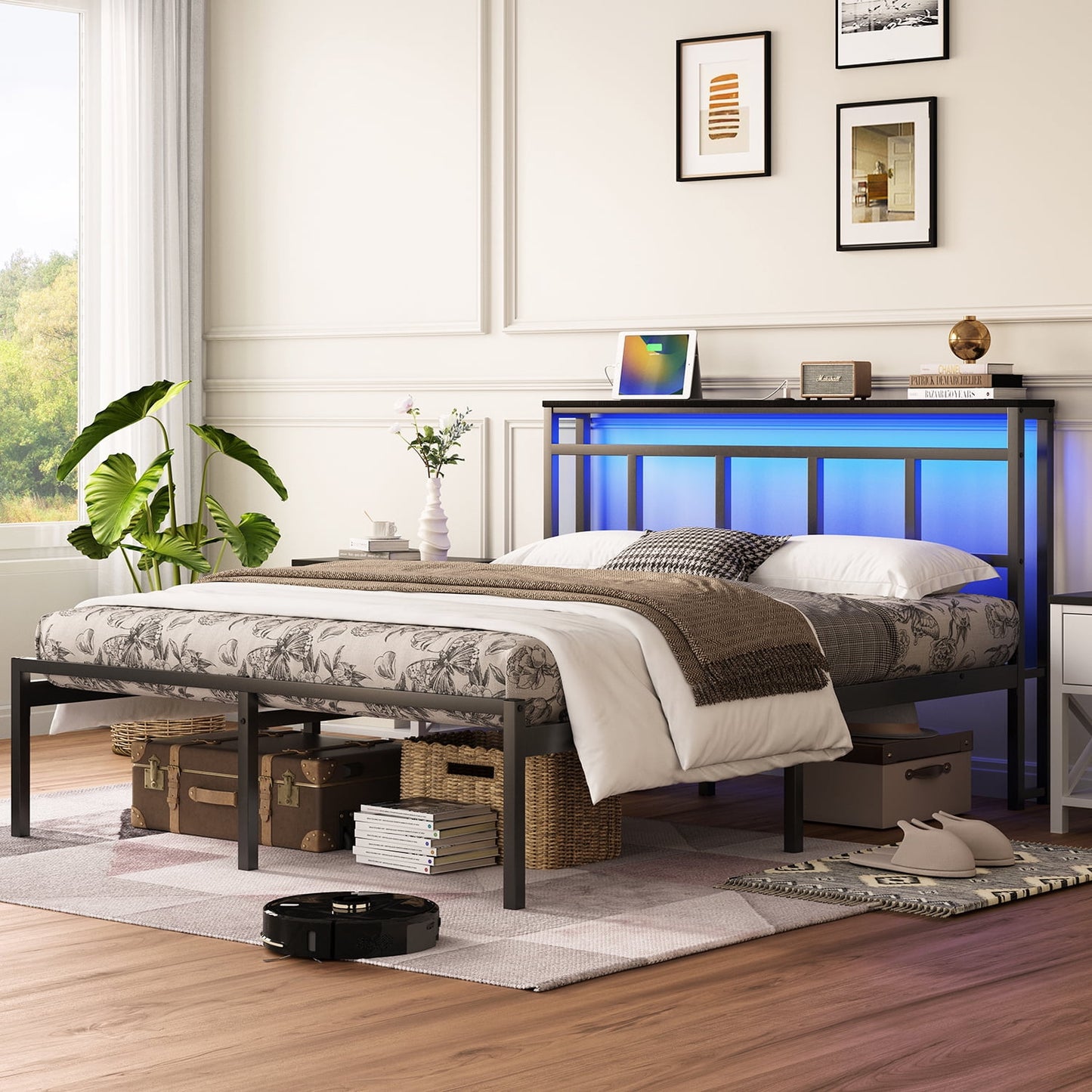 Mintazer Twin Size Platform Metal Bed Frame with Storage LED Light Headboard & Charge Station for Boys Girls, Black