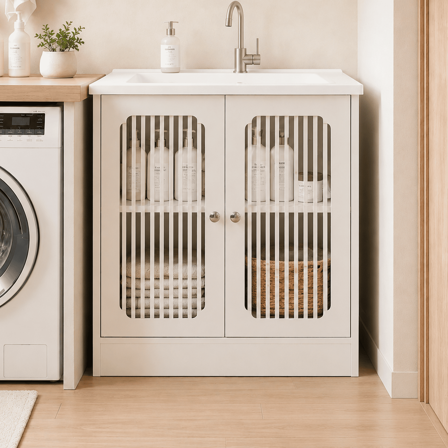Mintazer Under Sink Bathroom Cabinet with 2 Louvered Door, Freestanding Storage Cabinet with Adjustable Shelf for Bathroom Laundry Room, White