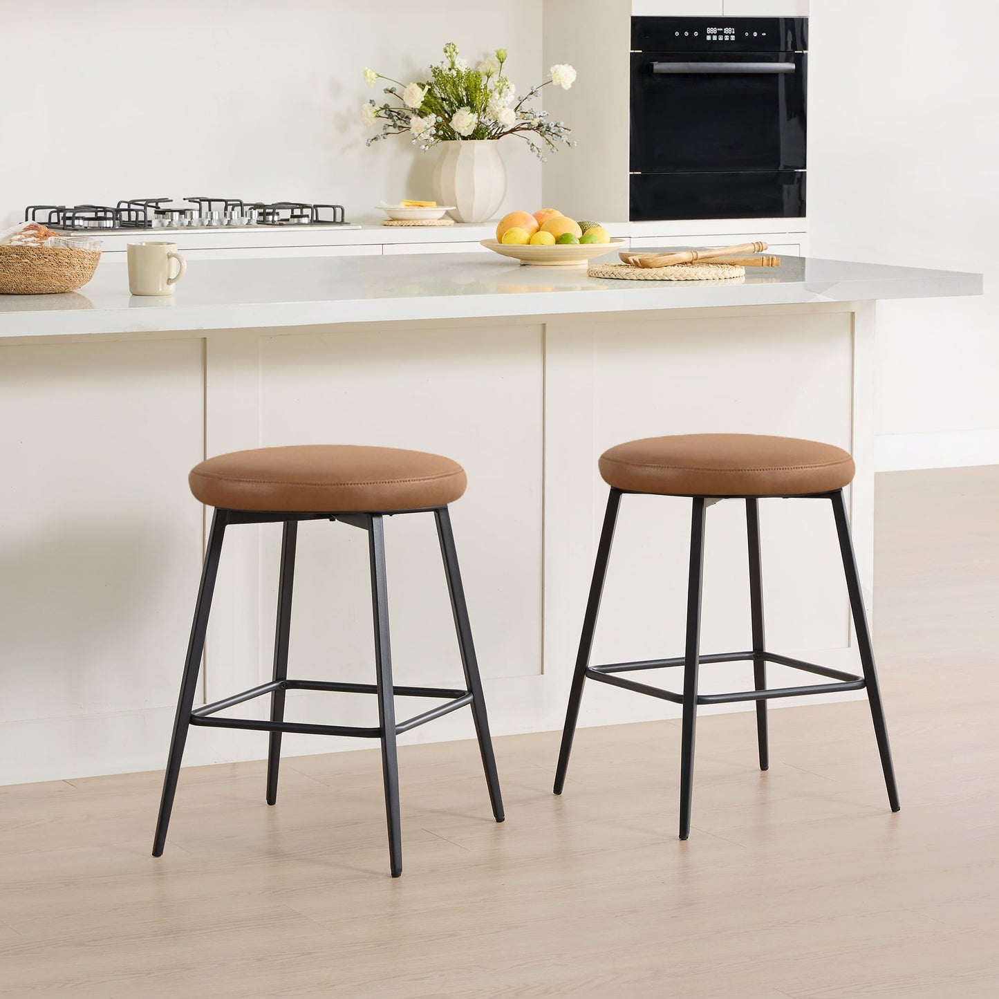 Spruce & Spring Modern 360° Swivel Counter Stool with Oversized Round Seat and Reinforced Metal Frame Set of 3, Brown