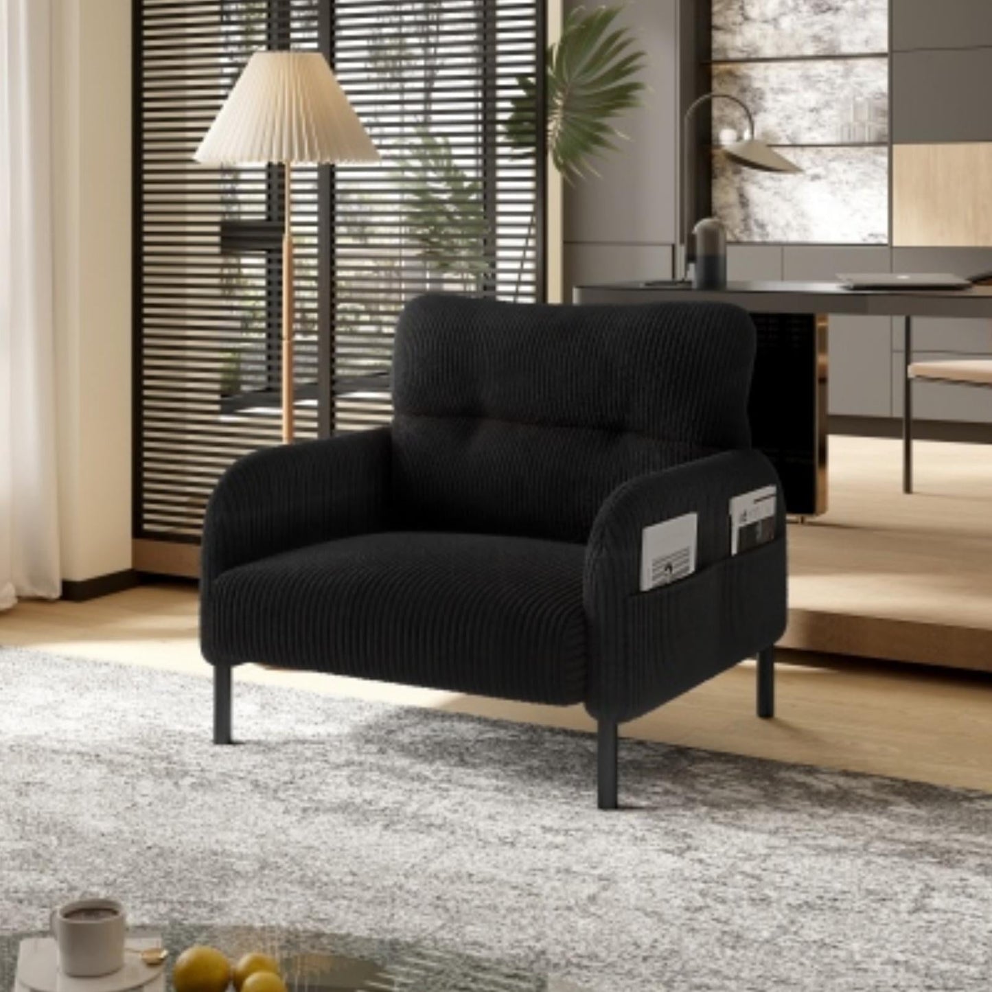 Modern Accent Chair,Armchair,Corduroy Fabric Sofa Chairs,Upholstered Armchair for Living Room,Bedroom,Office,Black