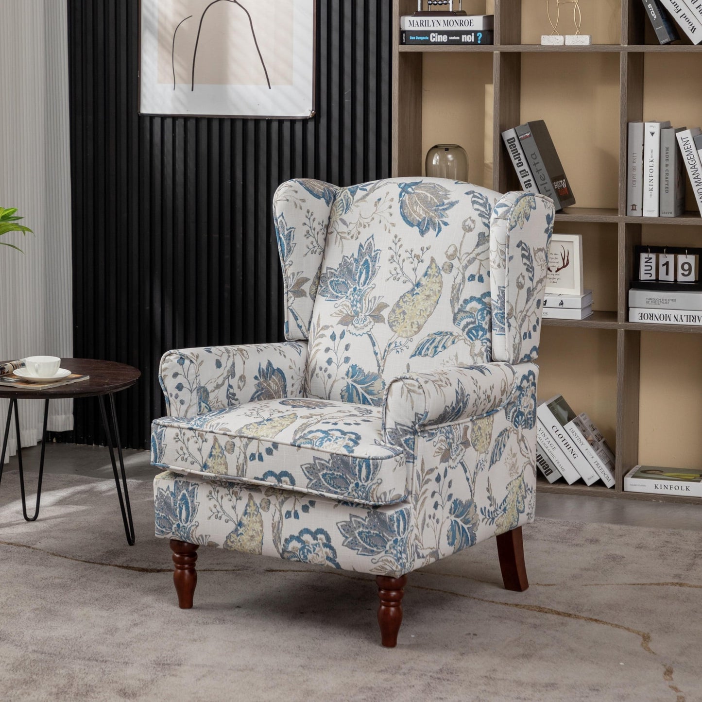 Modern Accent Chair with Wood Legs,Retro Upholstered Armchair Single Sofa Chair Reading Accent Chair for Living Room Bedroom Office,Floral Blue