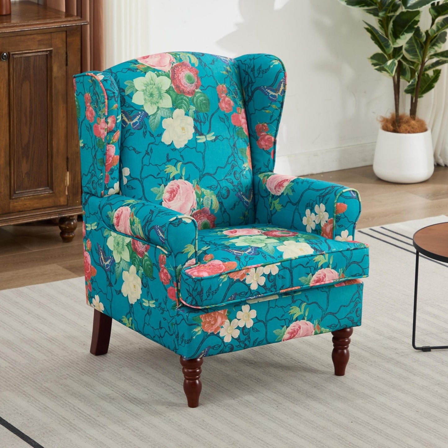 Modern Accent Chair with Wood Legs,Retro Upholstered Armchair Single Sofa Chair Reading Accent Chair for Living Room Bedroom Office,Floral Cyan