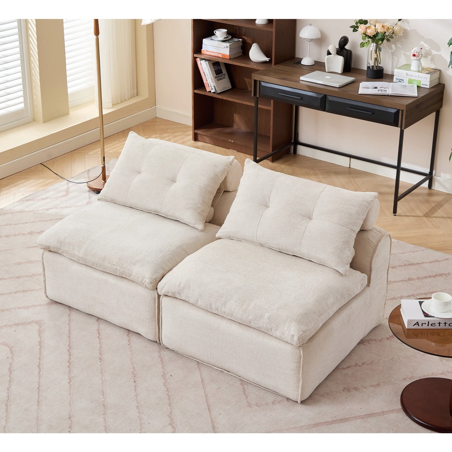 Modern Loveseat Sofa,Modular Sofa Couch,Corduroy 2-Seater Cloud Couch,Reading Lounge Sofa Chair for Small Spaces,Living Room,No Armrests,At will DIY,Beige 02