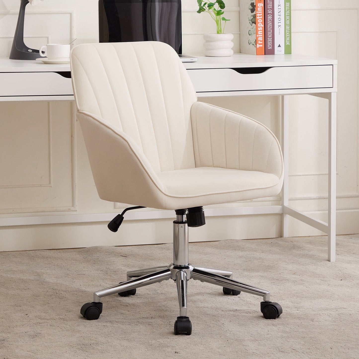 Modern Office Chair,Adjustable Arm Chair Computer Chair with Wheels,Swivel Vanity Chair for Living Room,Beige