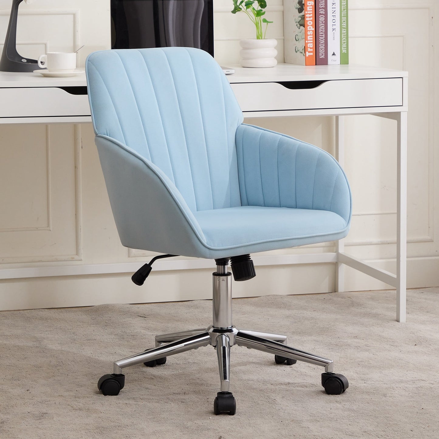 Modern Office Chair,Adjustable Arm Chair Computer Chair with Wheels,Swivel Vanity Chair for Living Room,Blue