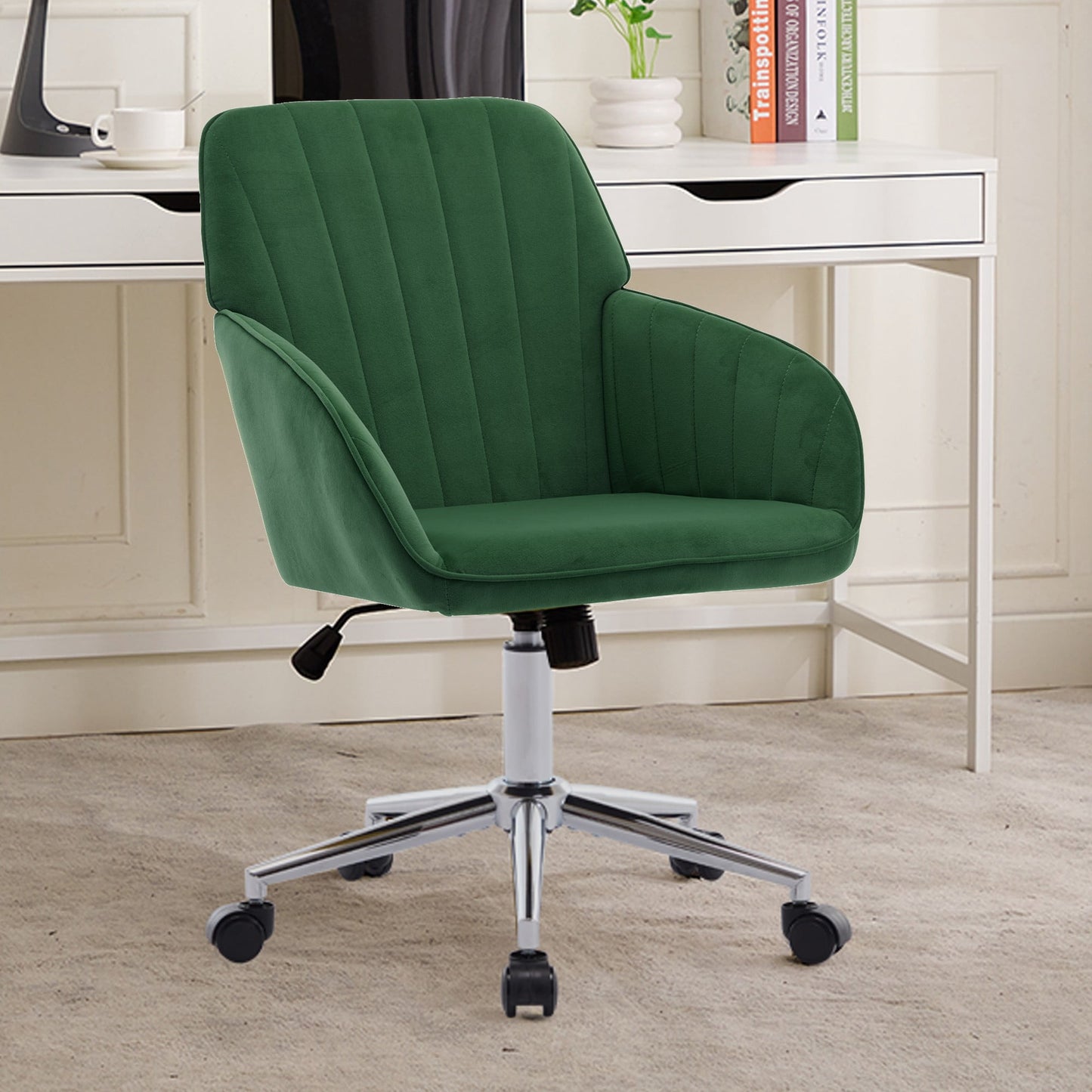 Modern Office Chair,Adjustable Arm Chair Computer Chair with Wheels,Swivel Vanity Chair for Living Room,Green