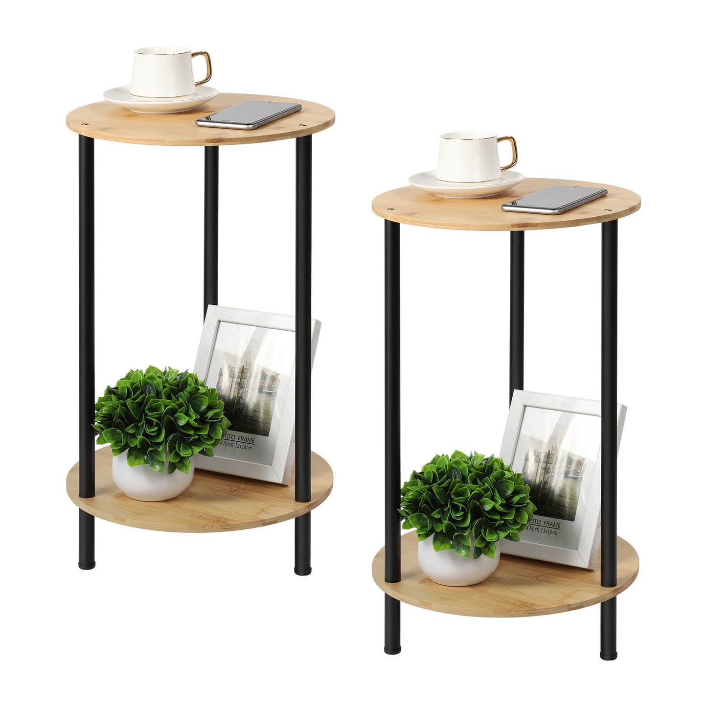 Modern Style Small Round Table Set with Dual Storage Shelves for Bedroom and Living Room - 2 Pack