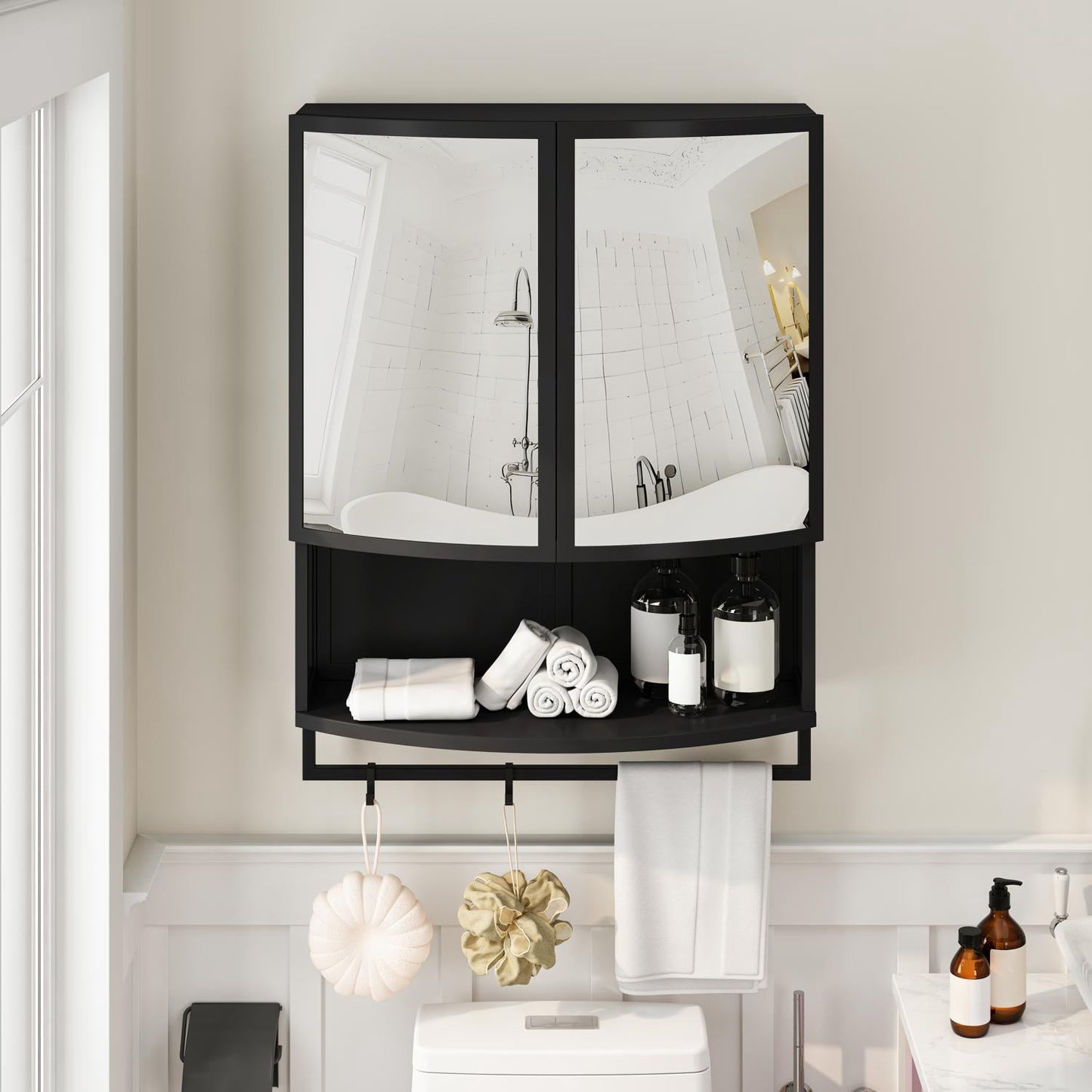 Modern Wall Mounted Cabinet, Arched Glass Double-Door Wardrobe with Shatterproof Mirror and Open Shelf, for Entryway, Bathroom and Living Room, Black