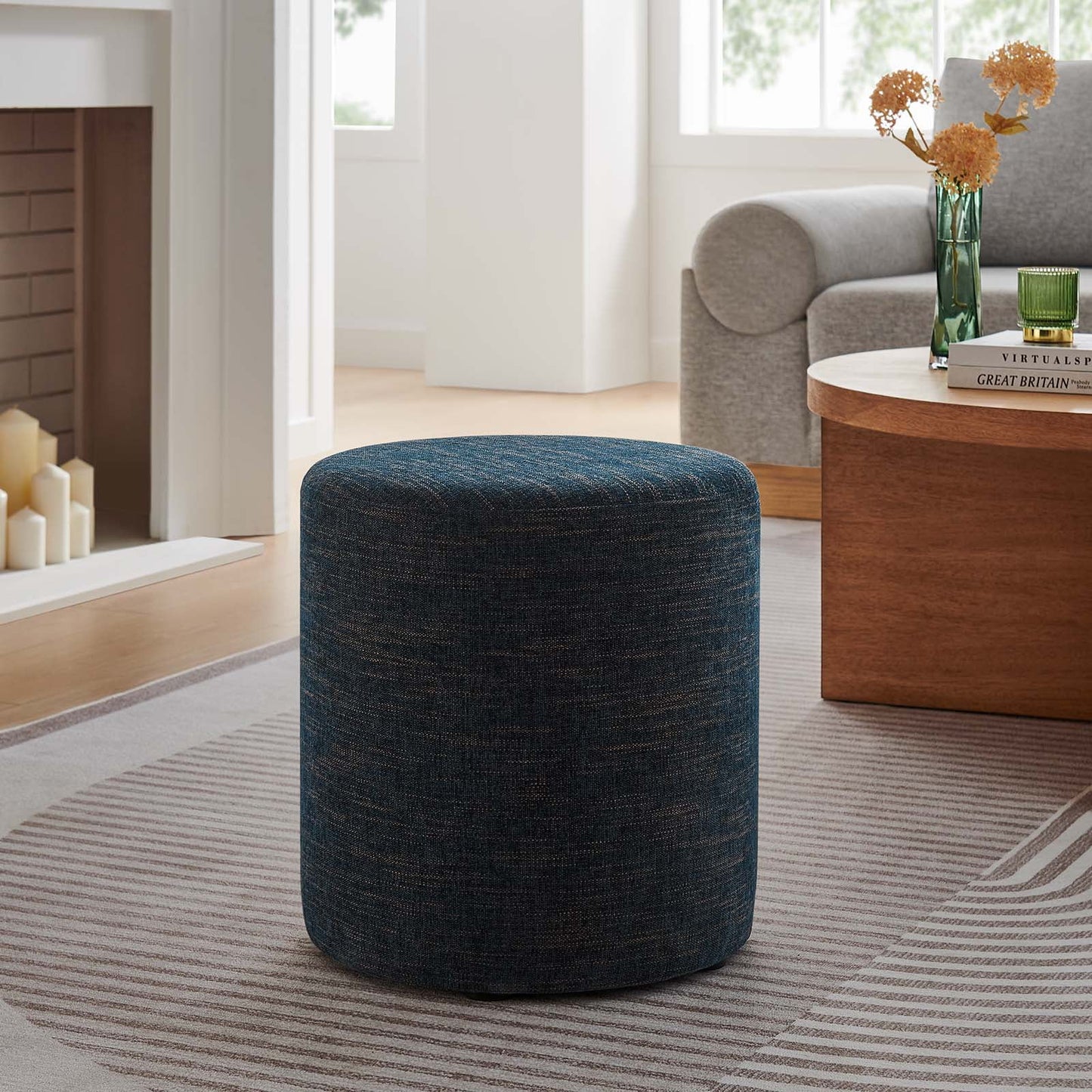 Callum 16" Round Woven Heathered Fabric Ottoman in Heathered Weave Azure