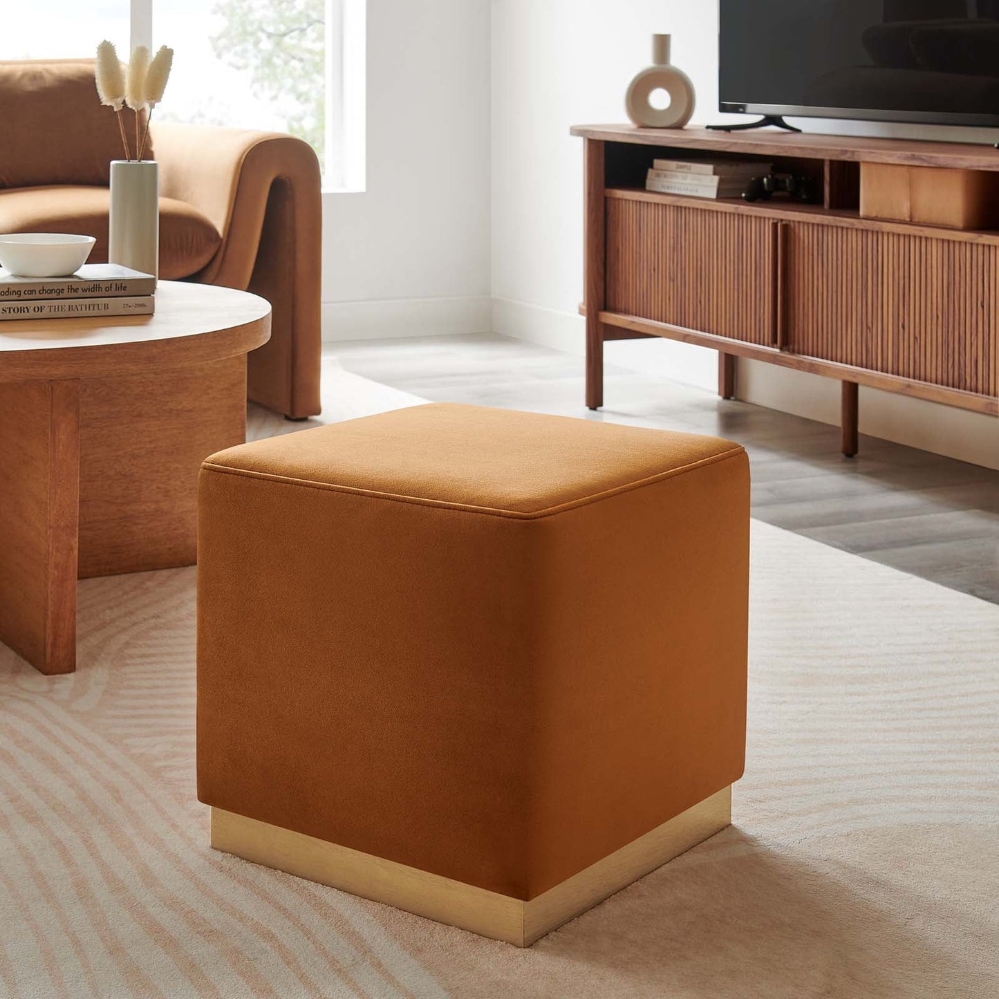 Tilden 17" Square Performance Velvet Upholstered Ottoman in Rust Natural