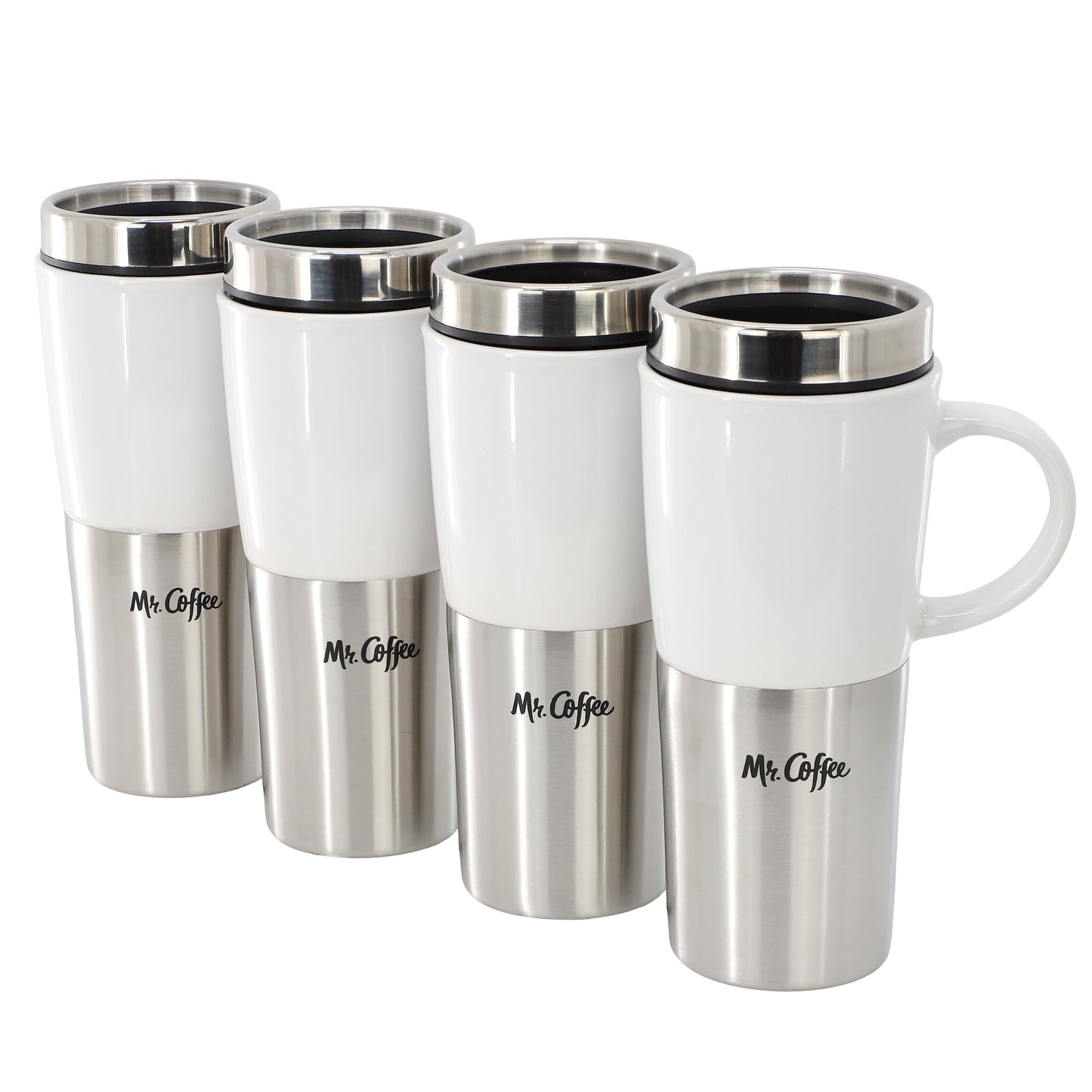 Mr. Coffee Travertine 4 Piece 16 Ounce Stoneware and Stainless Steel Travel Mug With Lid in White