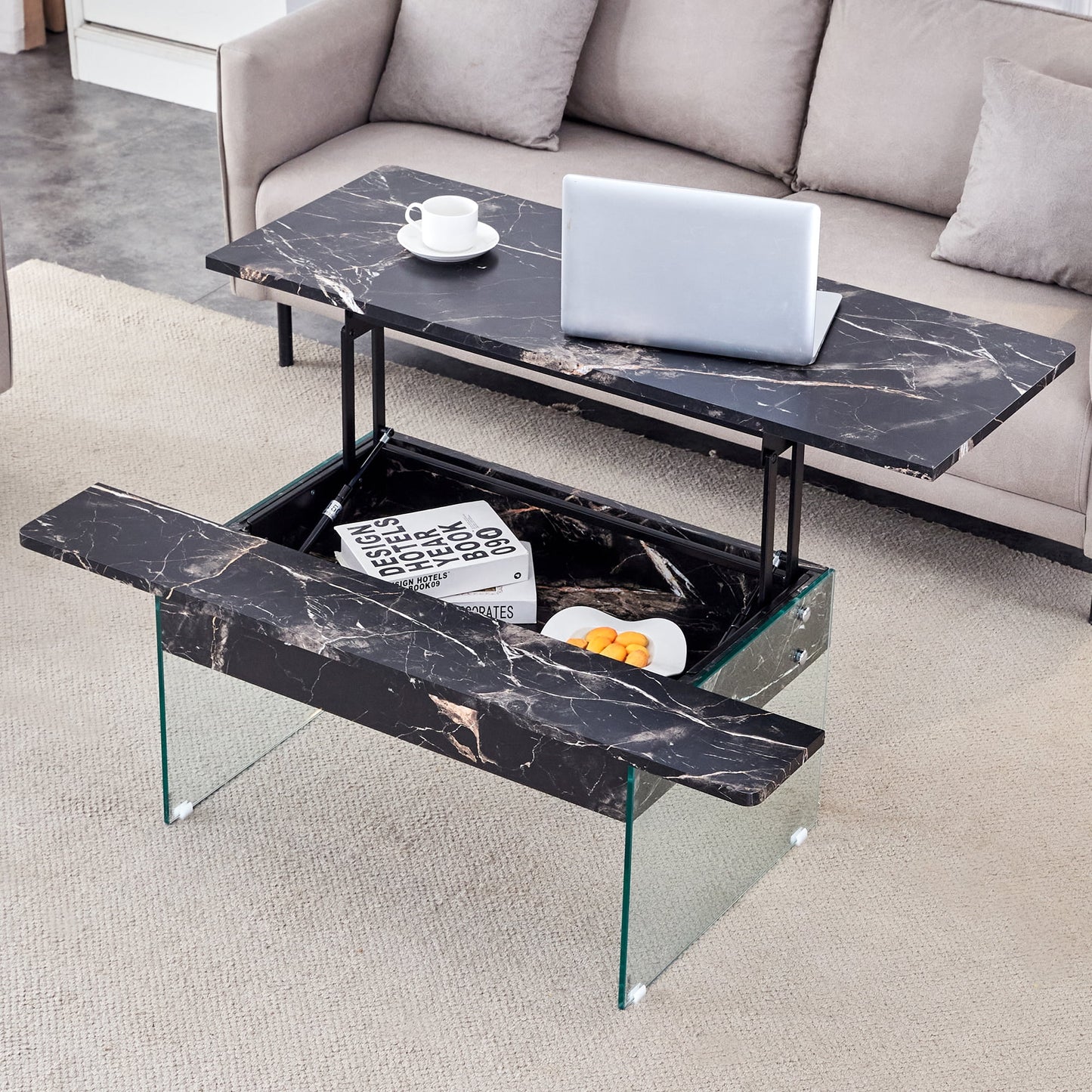 Multifunctional Lift Top Coffee Table -Black Marble Pattern, Essential for Modern Homes.Tempered Glass Legs,Lift Top Feature.Perfectly Fitting Into Both Living Rooms And Office.