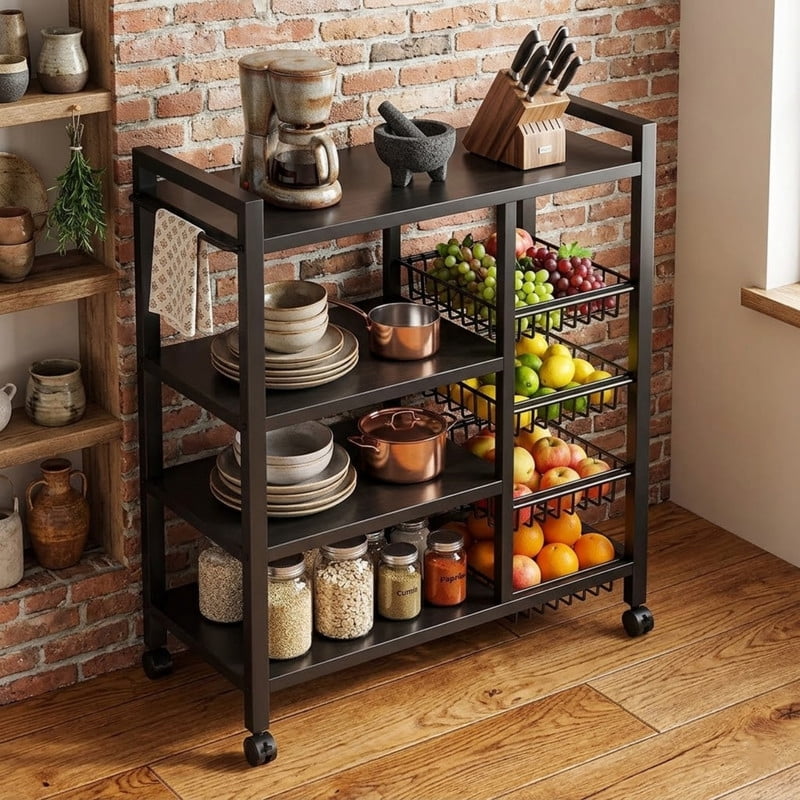 Multifunctional Rolling Kitchen Serving Cart, Metal Storage Rack with Adjustable Mesh Baskets, Kitchen Storage Rack, Fruit Basket Kitchen Cart for Kitchen
