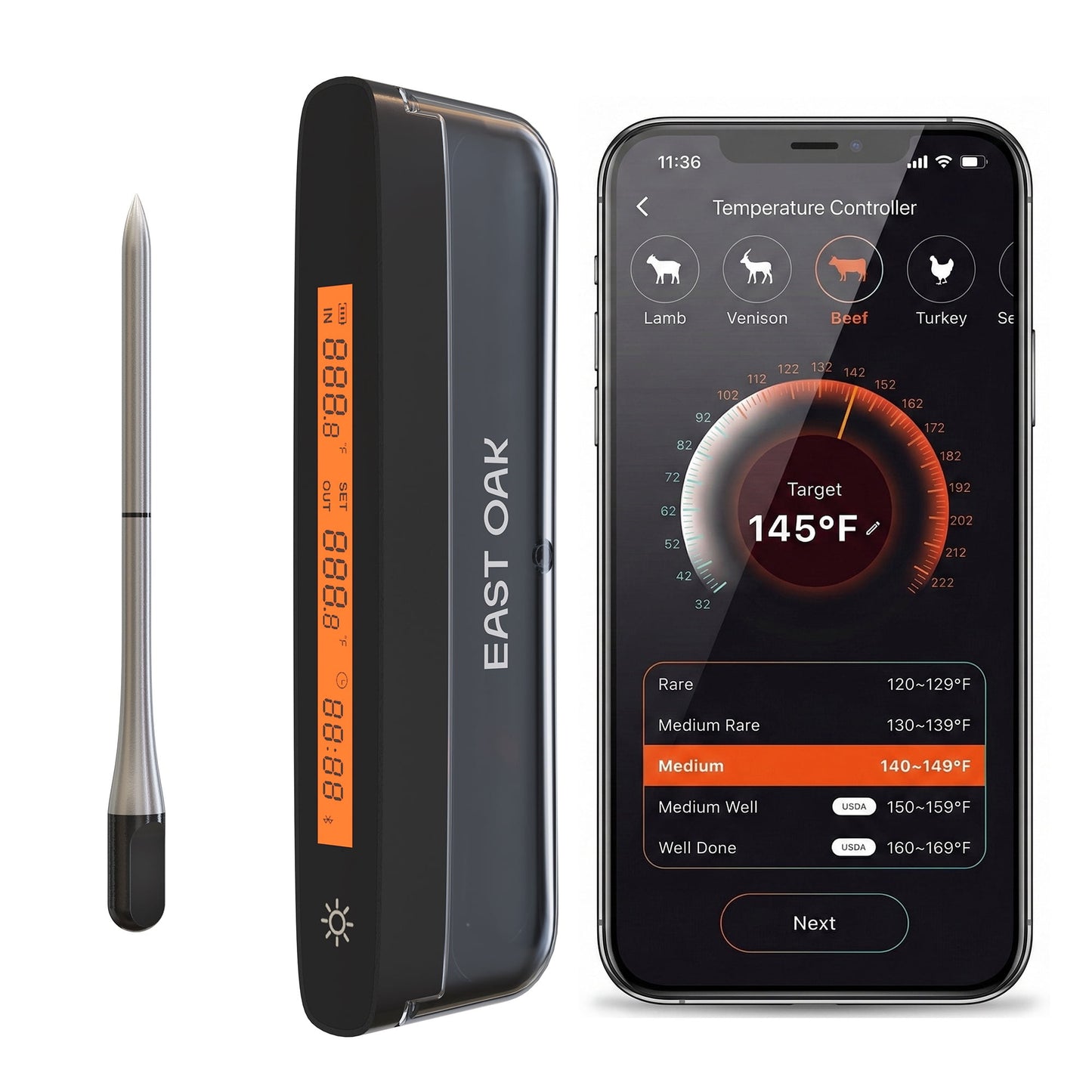 East Oak Smart Wireless Meat Thermometer for Grilling,Black