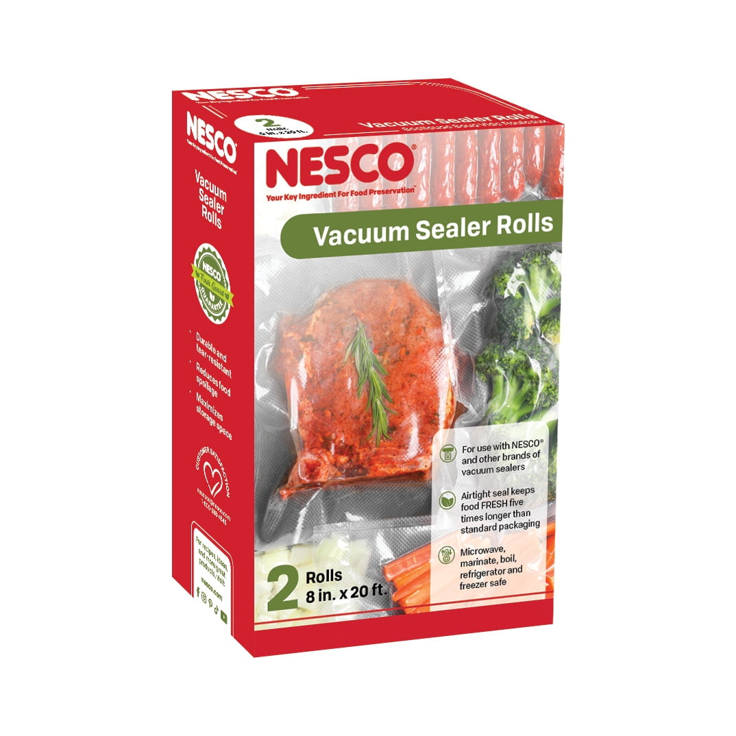 NESCO 8" x 20' Vacuum Sealer Bag Rolls, 2-Count BPA-Free Vacuum Seal Rolls for Custom Size Freezer Bags and Sous Vide, Works with Nesco and FoodSaver Vacuum Sealer Machines, 40 Feet Total