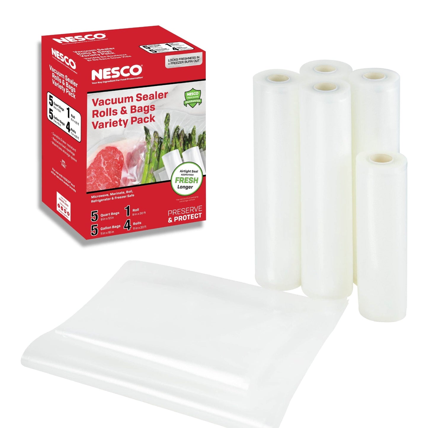 NESCO® Vacuum Seal Bag and Roll Variety Pack, 5 Pre-Cut Quart, 5 Pre-Cut Gallon, and 1 Roll