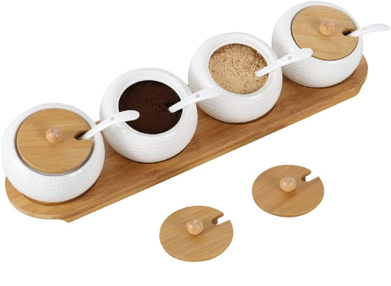 NEX White Ceramic Sugar Bowls, Set of 4 with Bamboo Lids and Spoon