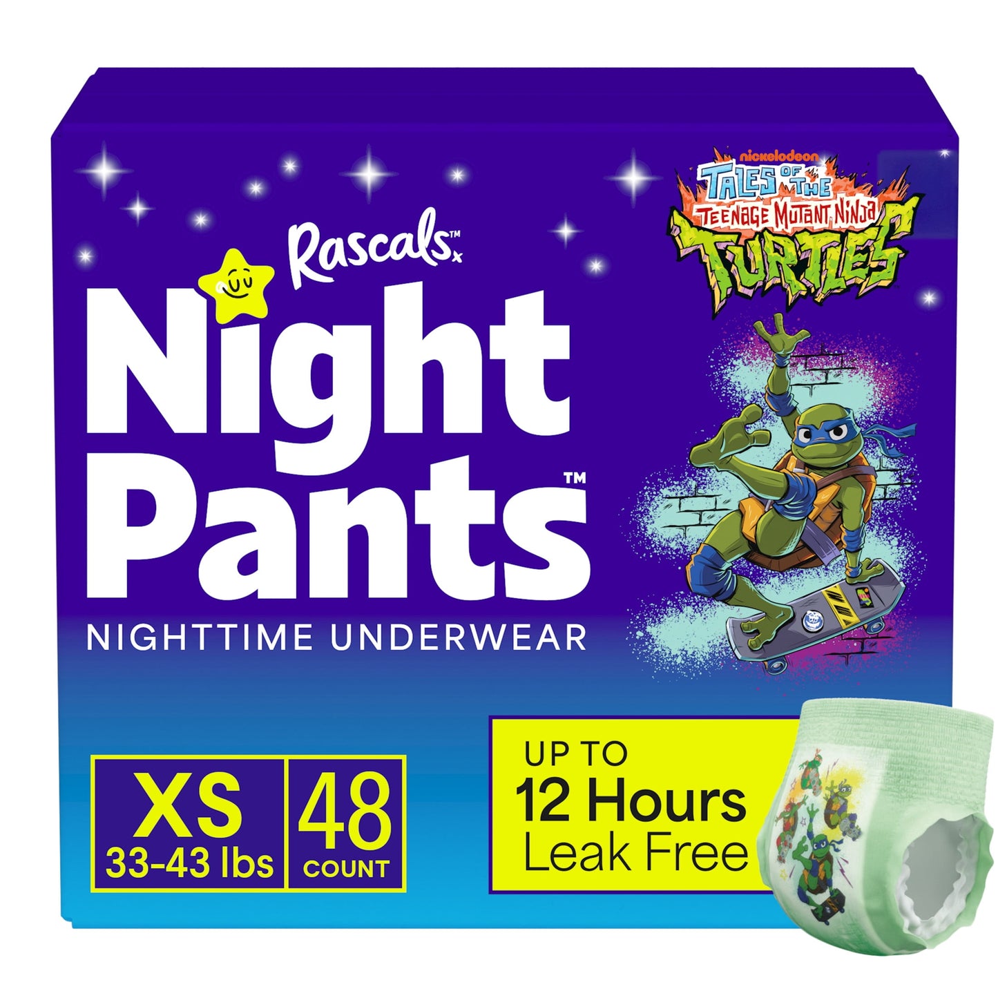 Rascals Night Pants, Absorbent Boys Nighttime Bedwetting Underwear, Teenage Mutant Ninja Turtles, XS (33-43 lbs) , 48 count