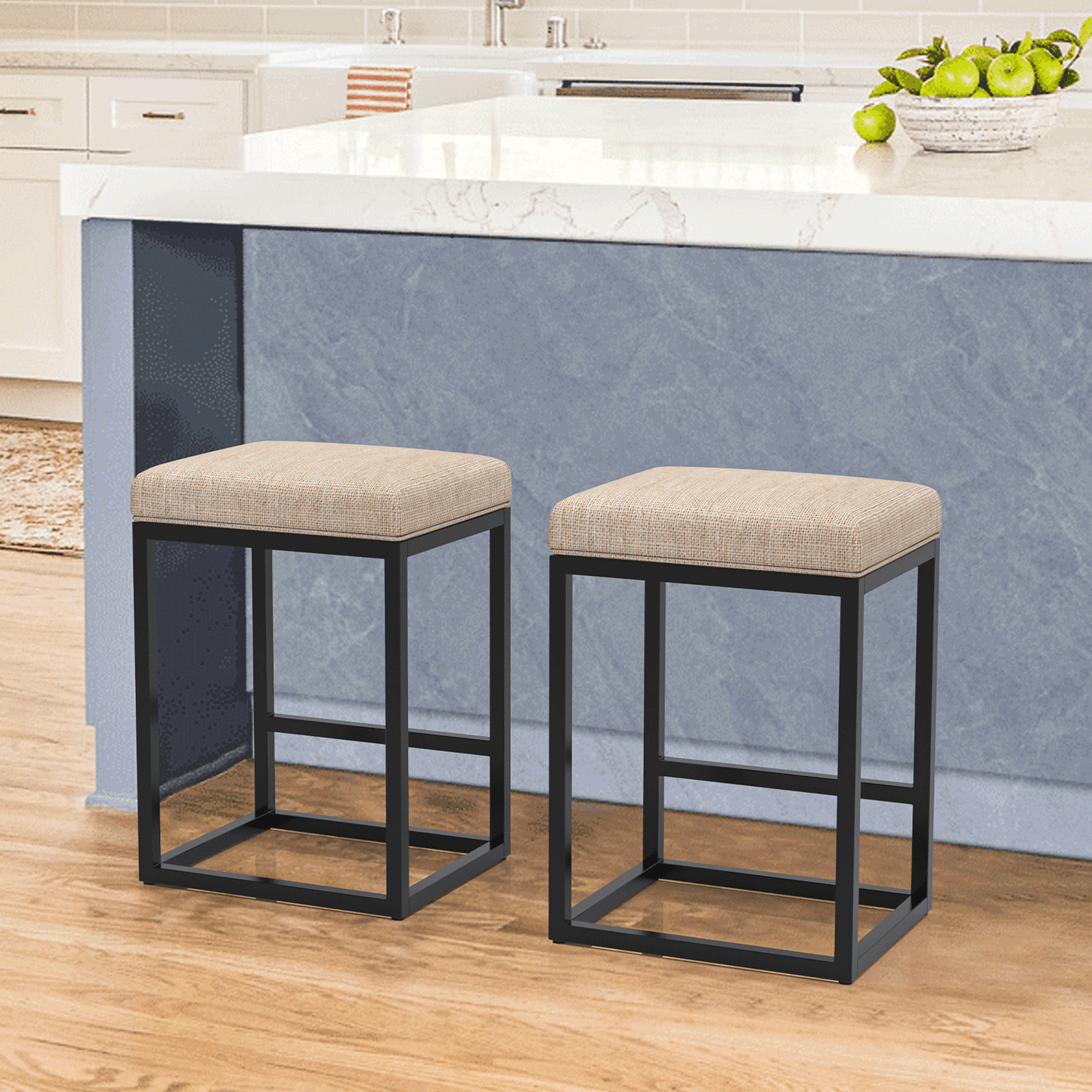 Nathaniel Home 24 Inch Bar Stools Set of 2, Modern PU Leather Metal Barstool, Backless Kitchen Dining Cafe Stool, Upholstered Bar Stool with Footrest, Beige