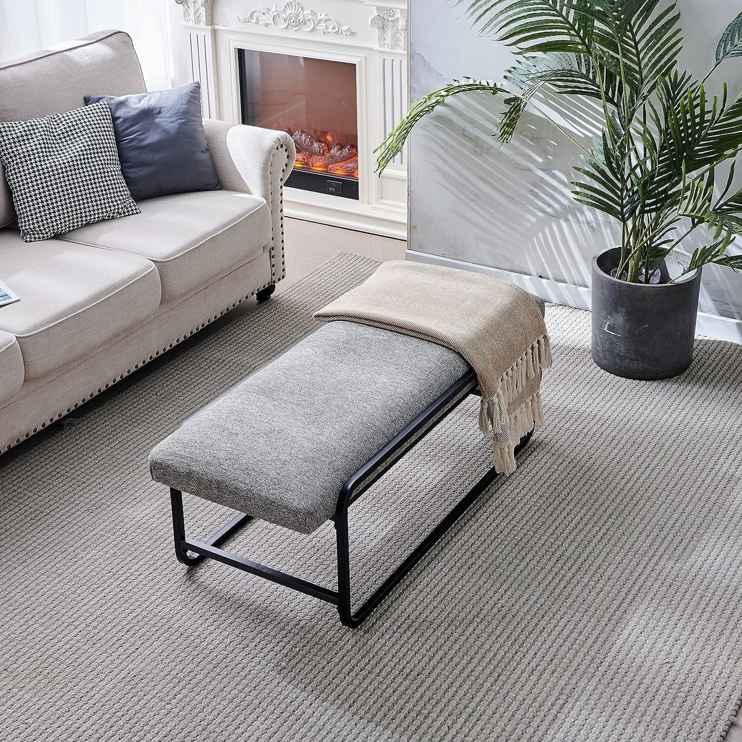 Nathaniel Home Upholstered Bedroom Benches, 48 inch Kids Ottoman Vegan Leather Footrest Stool, Accent Bench for Entryway Bedroom End of Bed, Light Gray