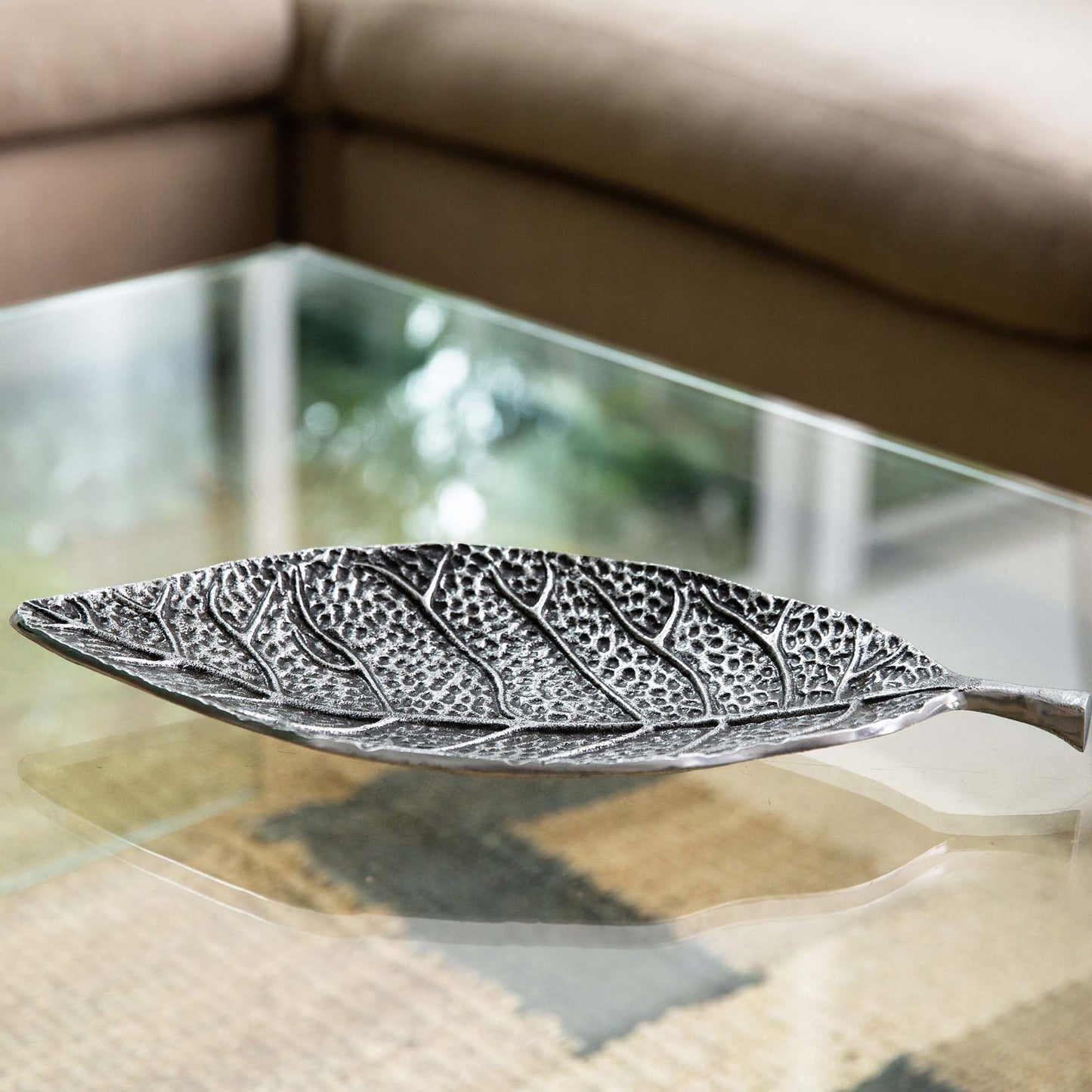 Nearly Natural Antique Finished Leaf Accent Tray - 16" - Silver and Gray