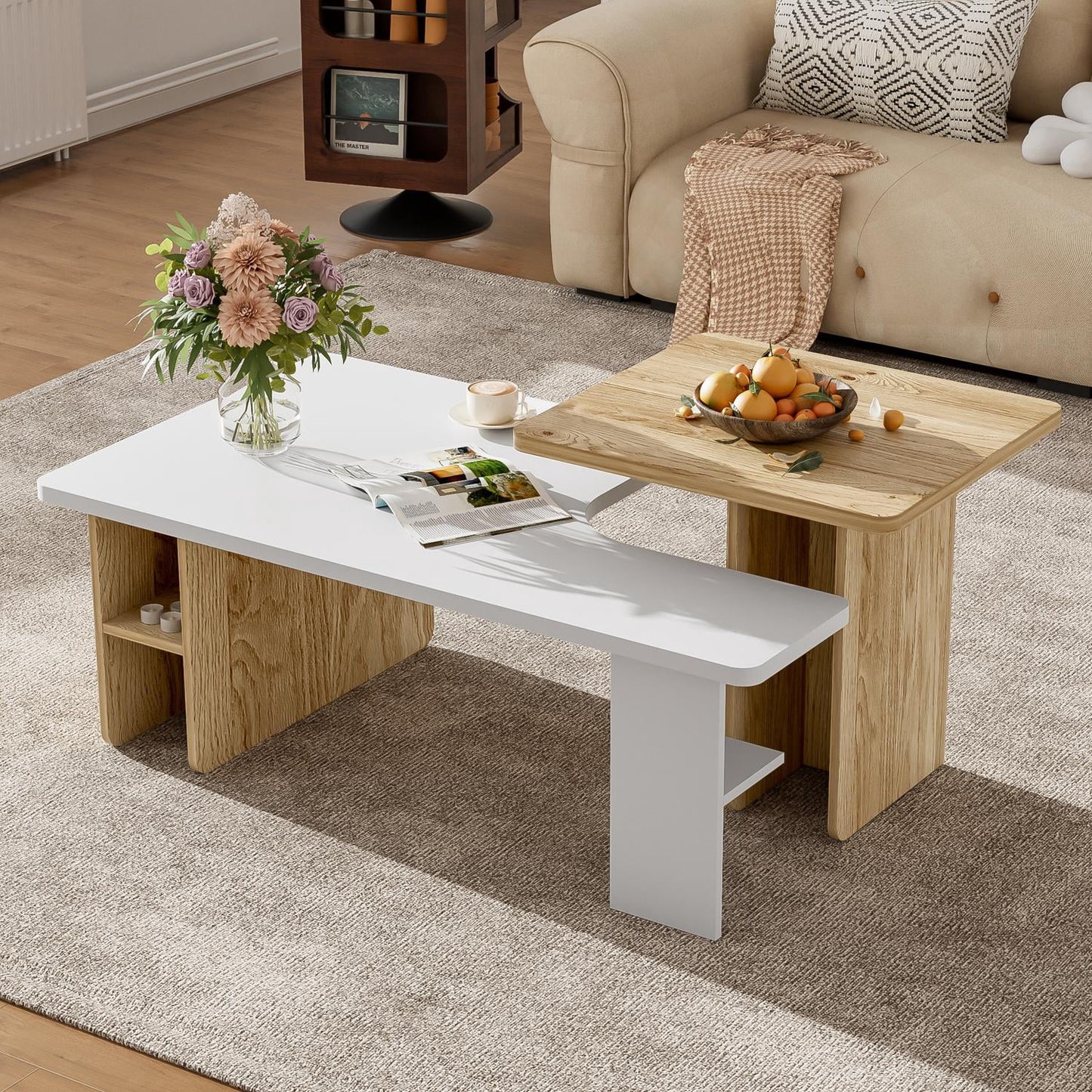Mesas de Centro Anidadas Juego de Mesas de Centro Estilo Farmhouse Mesas Auxiliares para Sala de Estar, Diseño Rectangular de 2 Piezas con Chapa de Veta de Madera y Esquinas Redondeadas, para Sala de Estar y Espacios Pequeños, Juego de 2 Blanco