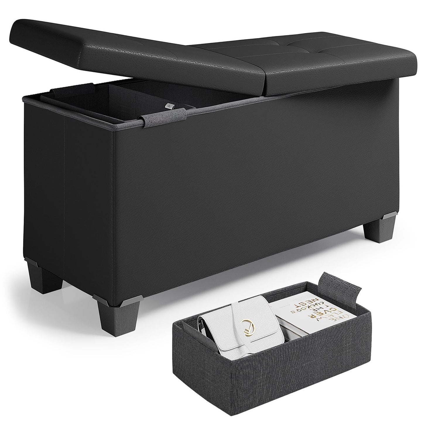 Nestl Faux Leather Ottoman Storage Bench ,30" Bench, Black