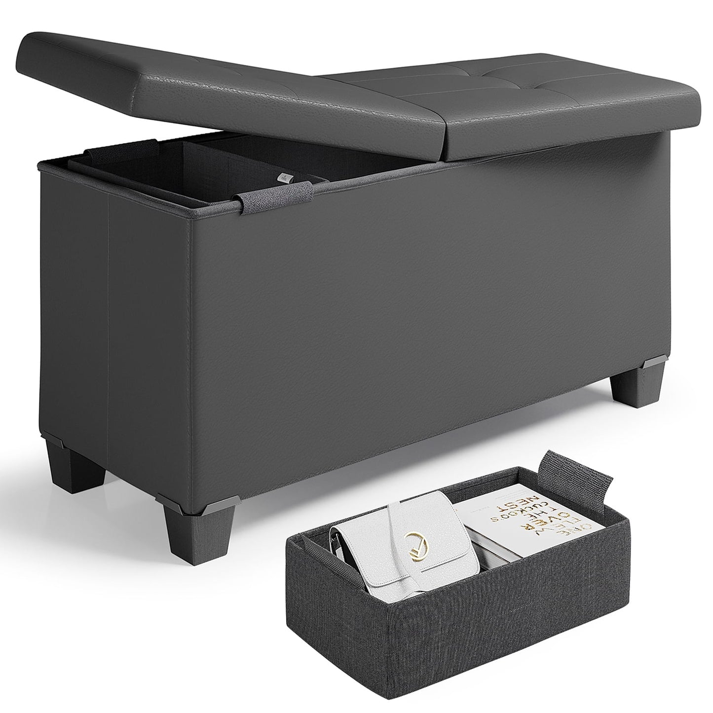 Nestl Faux Leather Ottoman Storage Bench ,30" Bench, Gray
