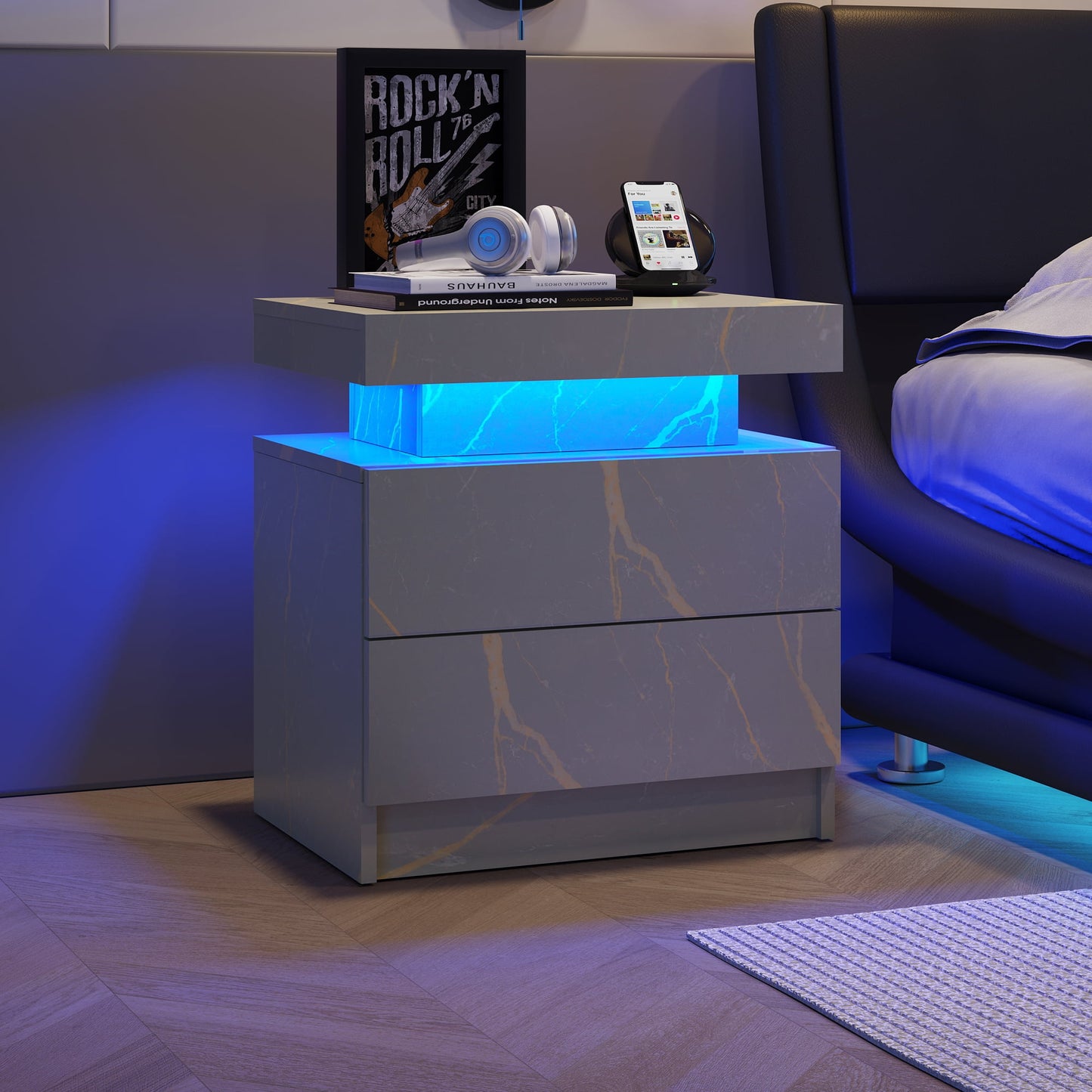 Mesita de Noche LED, Luces Laterales Modernas con 2 Cajones para Dormitorio