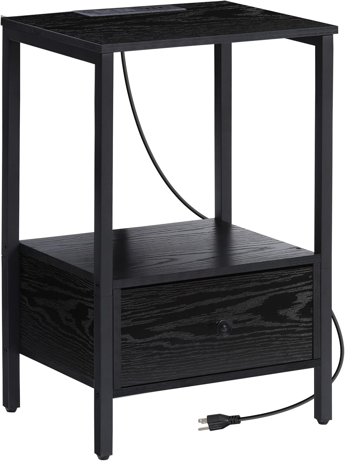 Oumilen Black Modern Nightstand with USB Chargers, Wooden Drawer, Storage Shelf