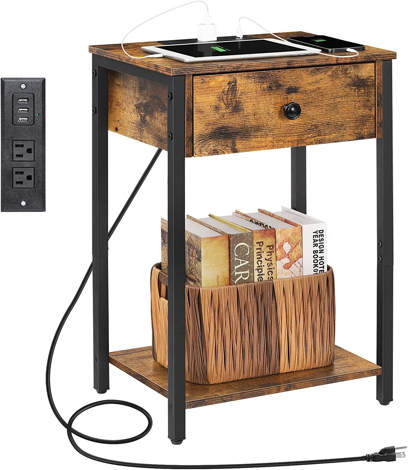 Oumilen Adult Nightstand End Table with Charging Station, USB Ports, Drawer and Storage Shelf, Rustic Brown