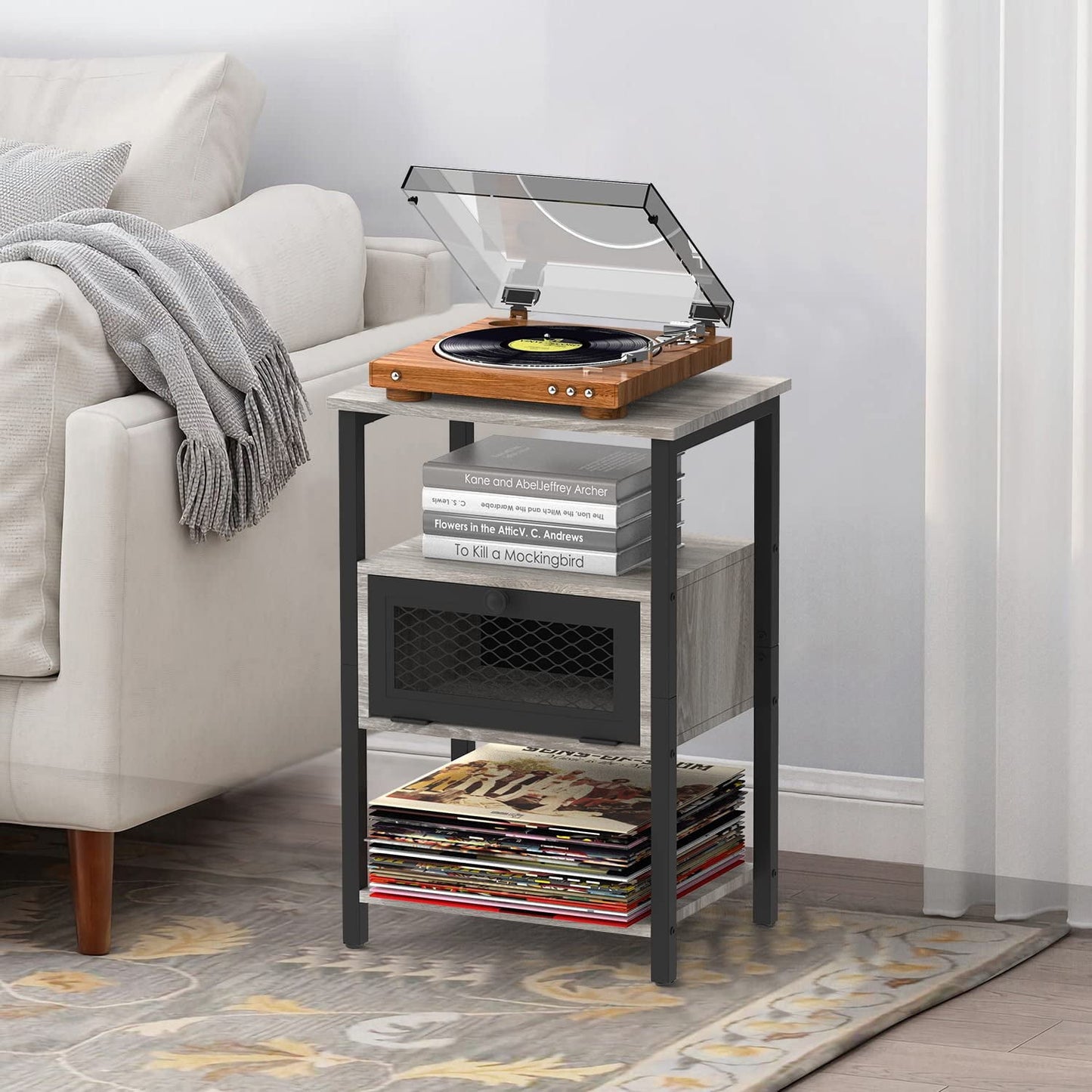 Nightstand with Charging Drawer Side Table Gray