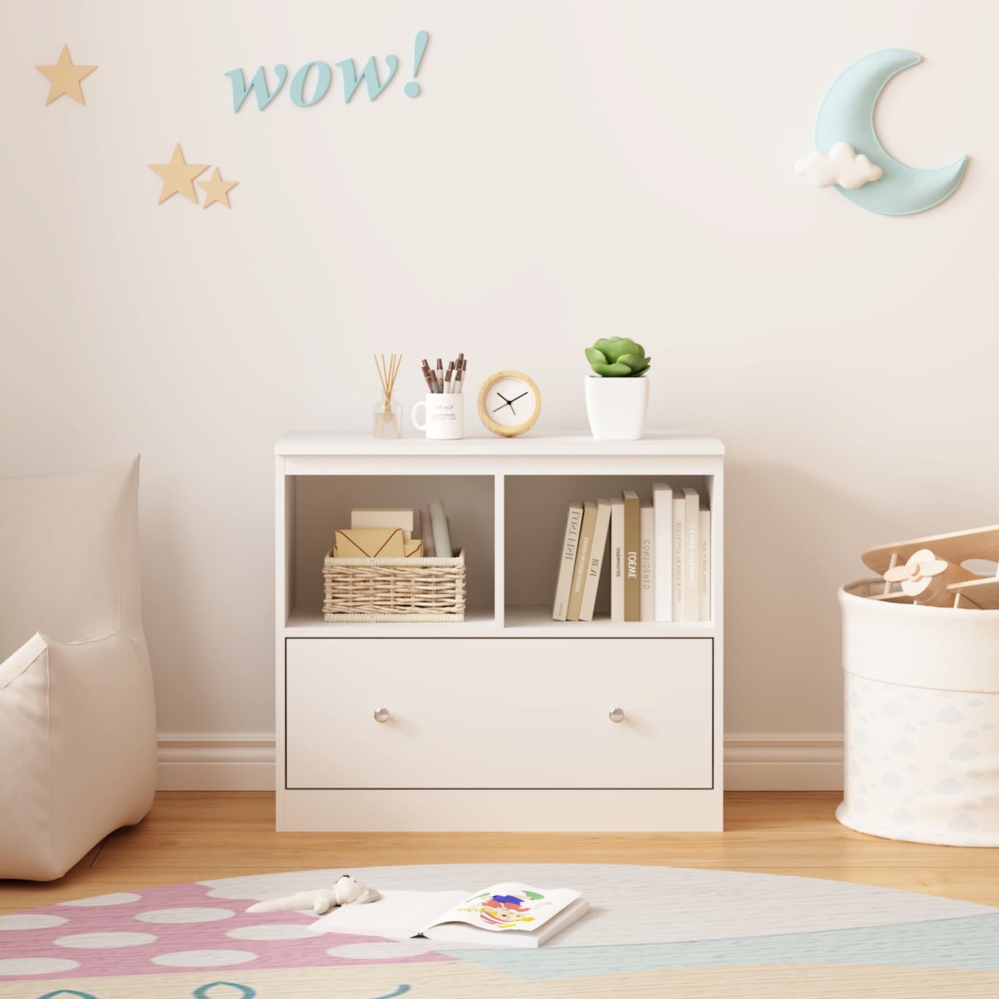 Noble House 29.53" Kids Toy Storage Organizer with Large Drawer, Wooden Low Bookshelf for Nursery or Playroom, White