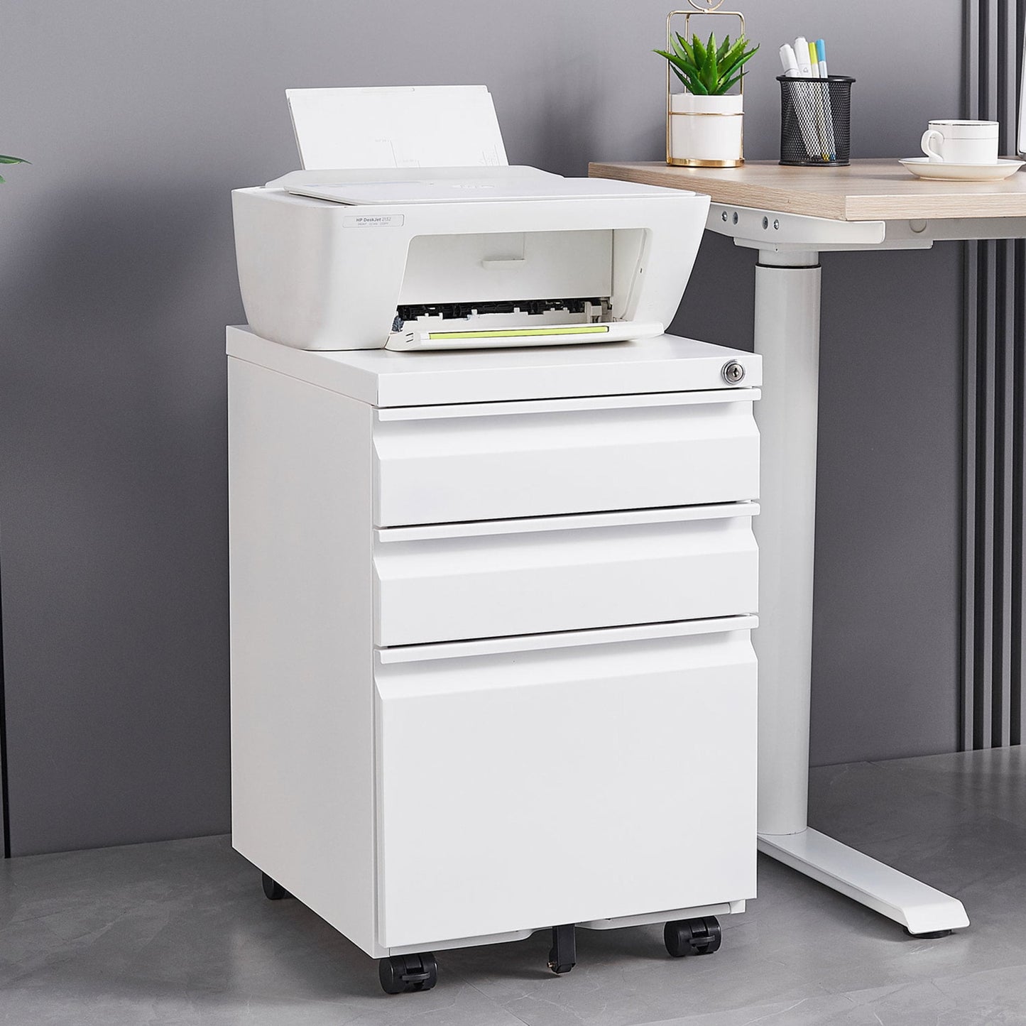 Noble House 3-Drawer Metal Mobile Filing Cabinet with Lock, Legal File Storage Organizer for Office, White