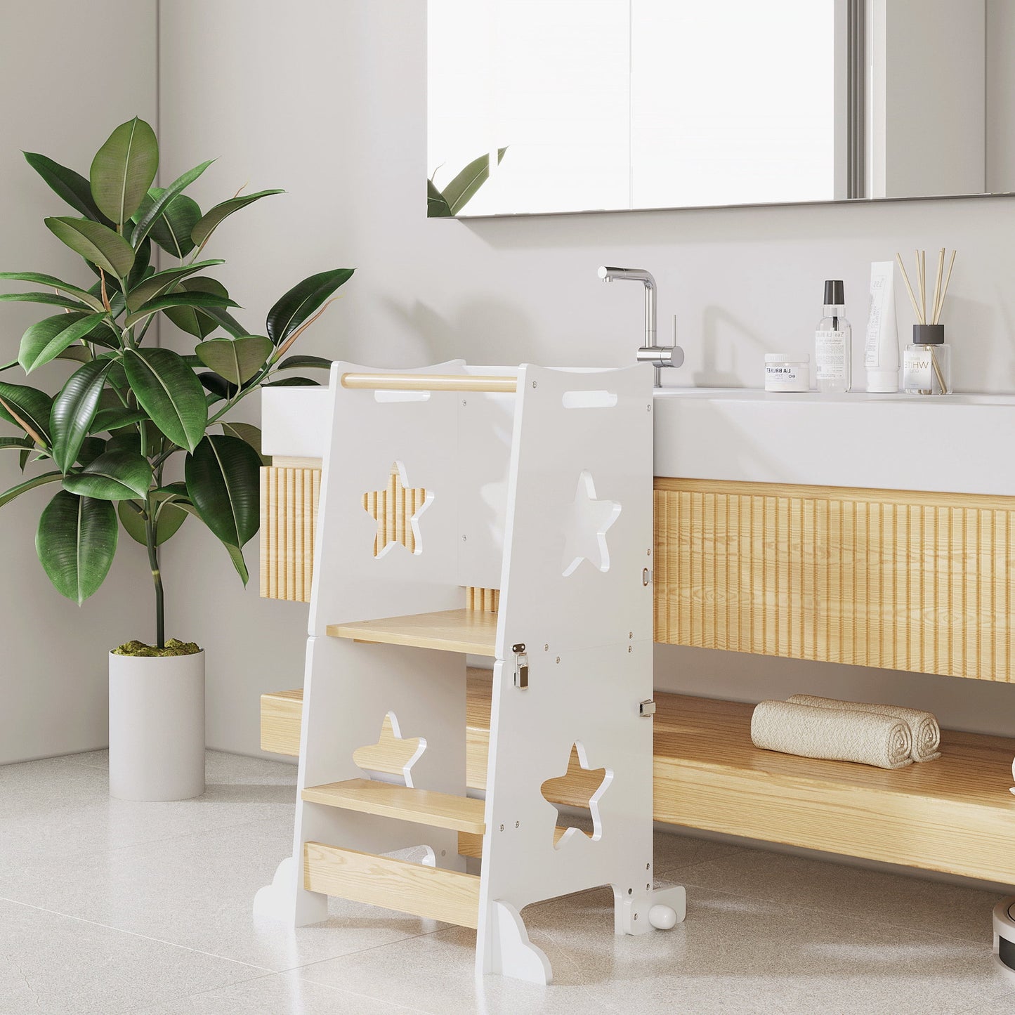 Noble House 3-in-1 Toddler Kitchen Step Stool with Blackboard and Convertible Table & Chair Set, Learning Tower, White