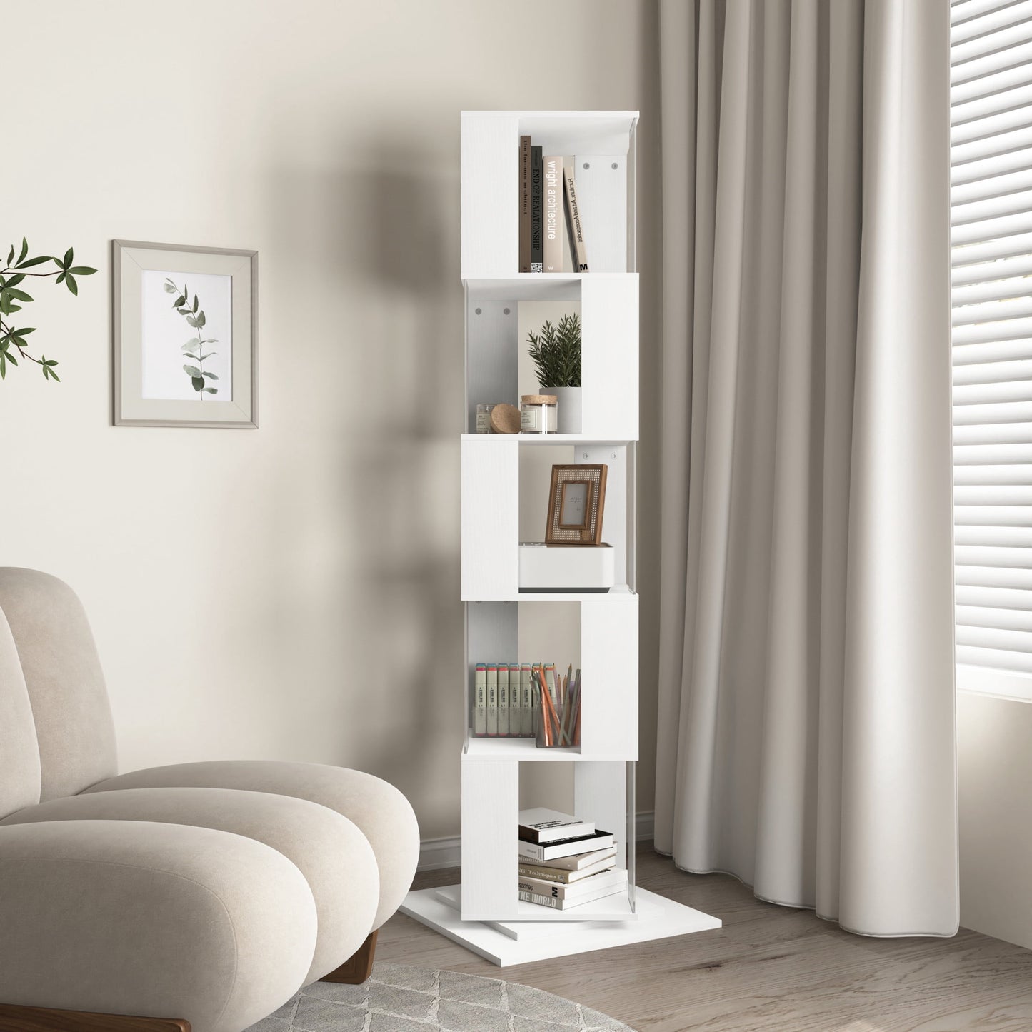 Noble House 5-Tier Rotating Bookshelf with Acrylic Panels, Anti-Toppling Base, White